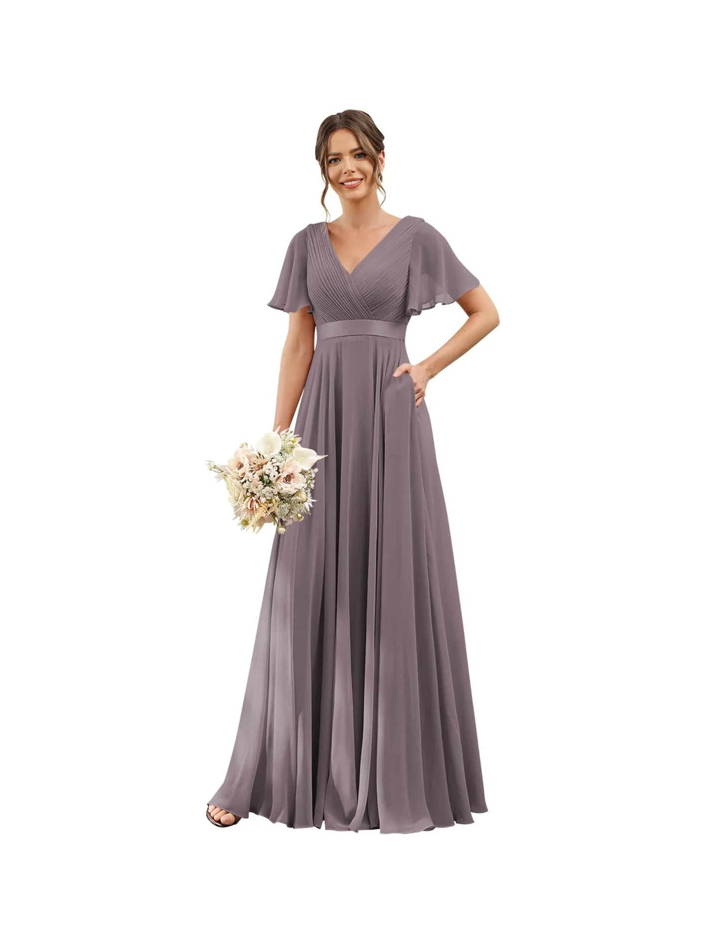 A-Line/Princess  V Neck Flutter Sleeves  Floor Length Bridesmaid Dresses  Chiffon  with Pockets Ruched - Image 16