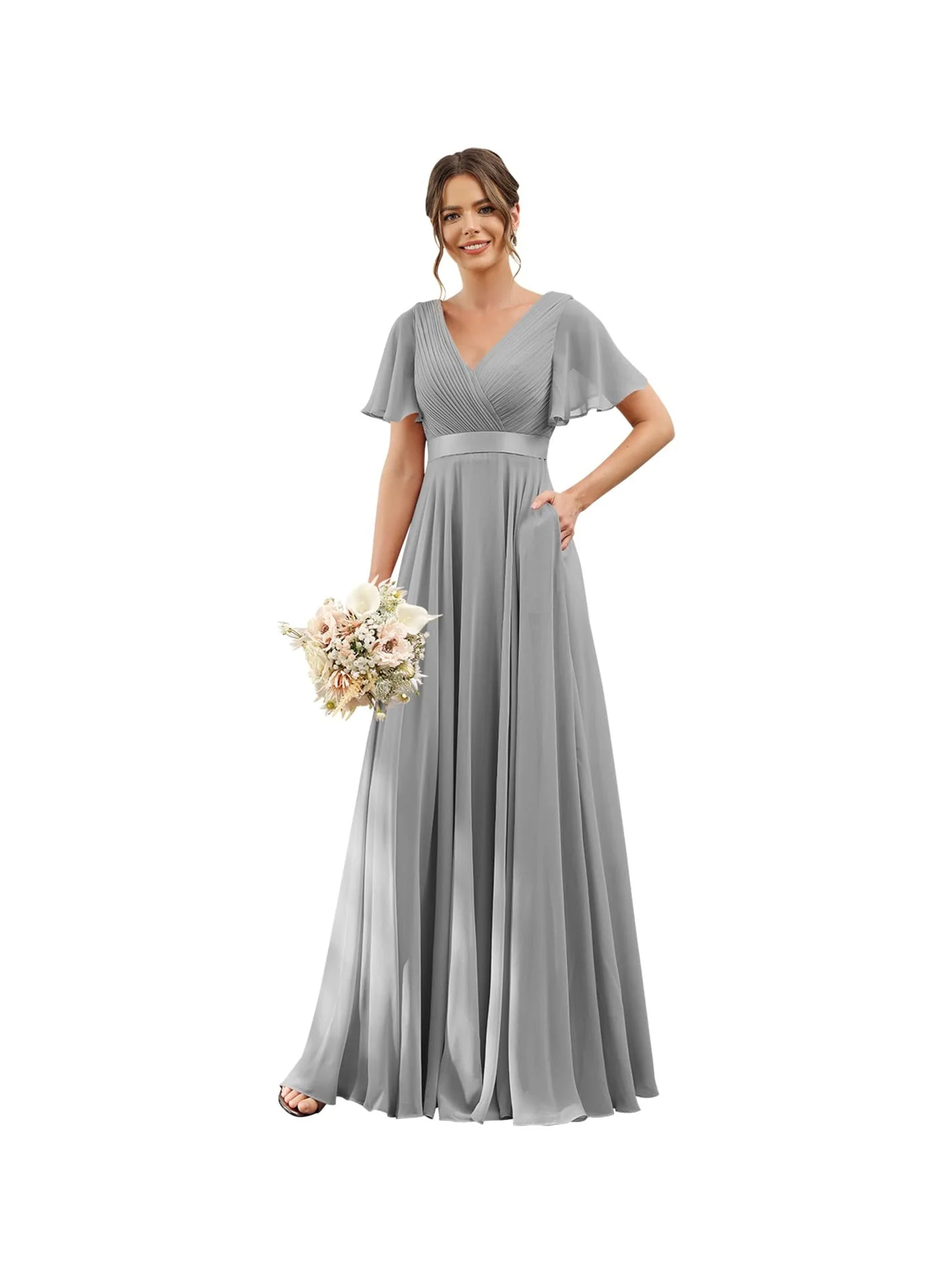 A-Line/Princess  V Neck Flutter Sleeves  Floor Length Bridesmaid Dresses  Chiffon  with Pockets Ruched - Image 17