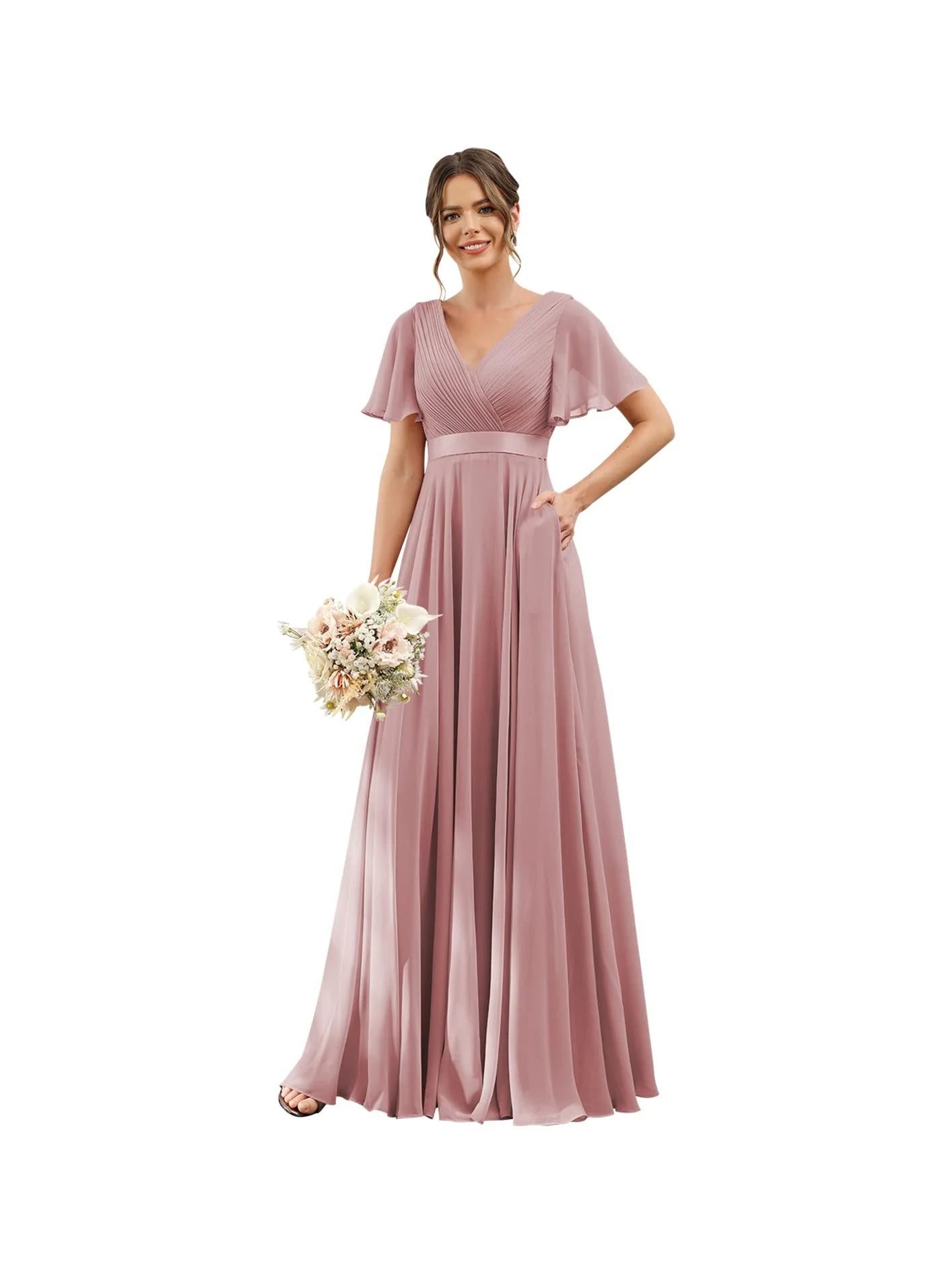 A-Line/Princess  V Neck Flutter Sleeves  Floor Length Bridesmaid Dresses  Chiffon  with Pockets Ruched - Image 18