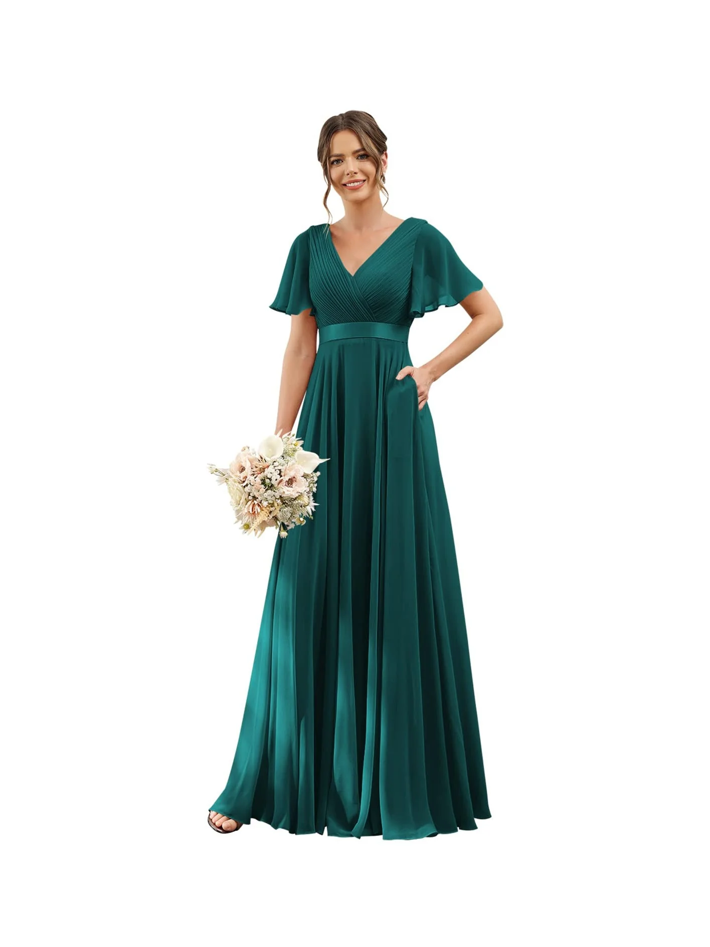 A-Line/Princess  V Neck Flutter Sleeves  Floor Length Bridesmaid Dresses  Chiffon  with Pockets Ruched - Image 19