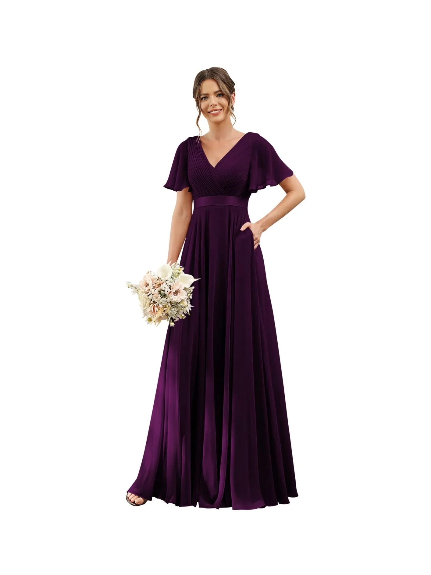 A-Line/Princess  V Neck Flutter Sleeves  Floor Length Bridesmaid Dresses  Chiffon  with Pockets Ruched - Image 2