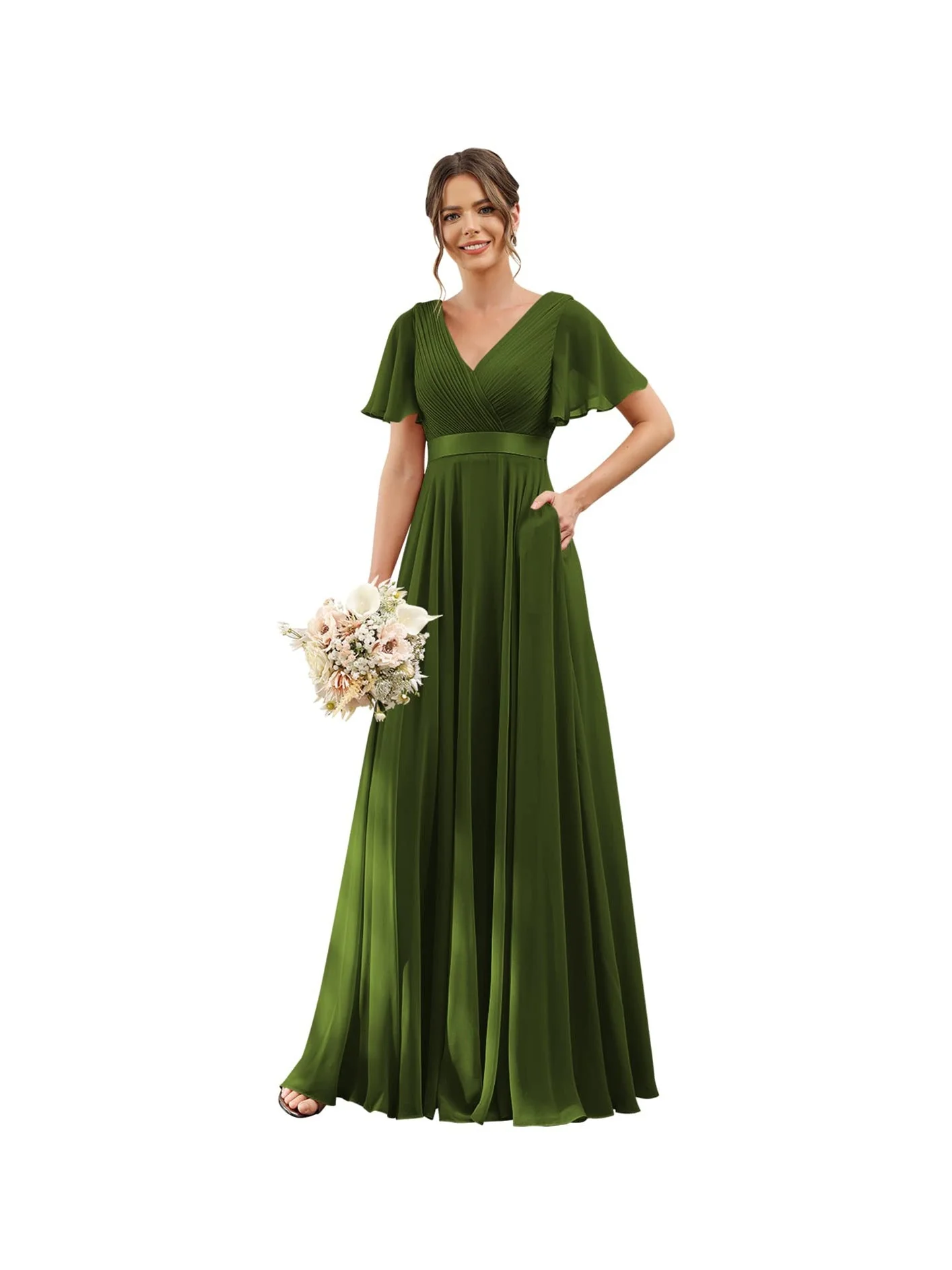 A-Line/Princess  V Neck Flutter Sleeves  Floor Length Bridesmaid Dresses  Chiffon  with Pockets Ruched - Image 20