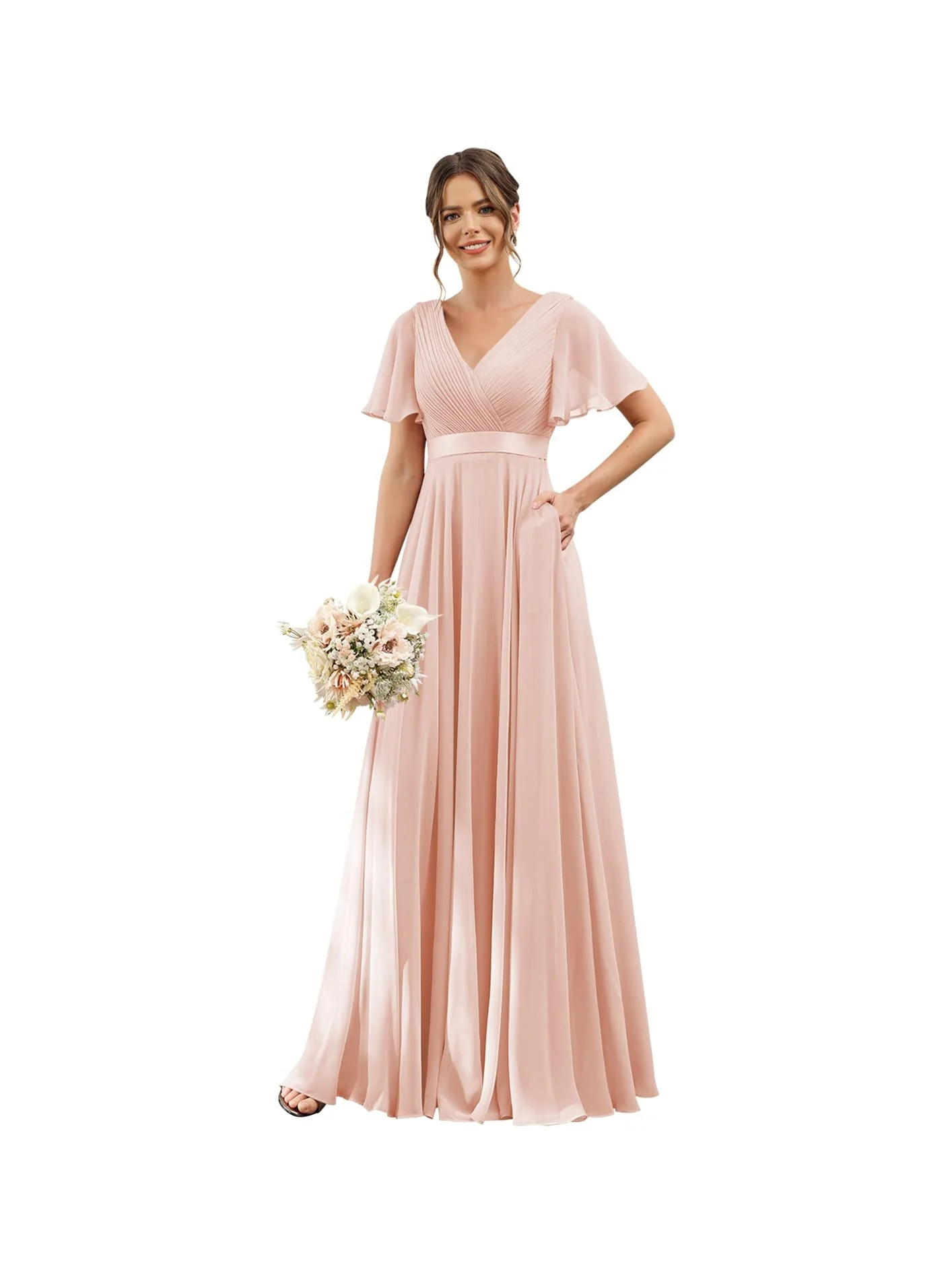 A-Line/Princess  V Neck Flutter Sleeves  Floor Length Bridesmaid Dresses  Chiffon  with Pockets Ruched - Image 21