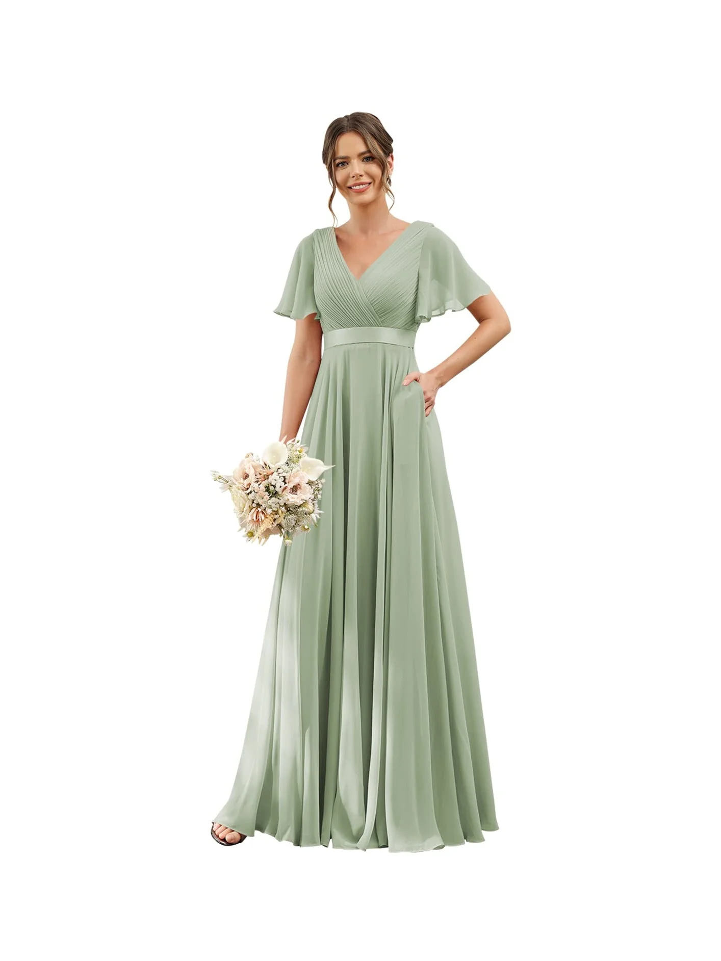A-Line/Princess  V Neck Flutter Sleeves  Floor Length Bridesmaid Dresses  Chiffon  with Pockets Ruched - Image 22