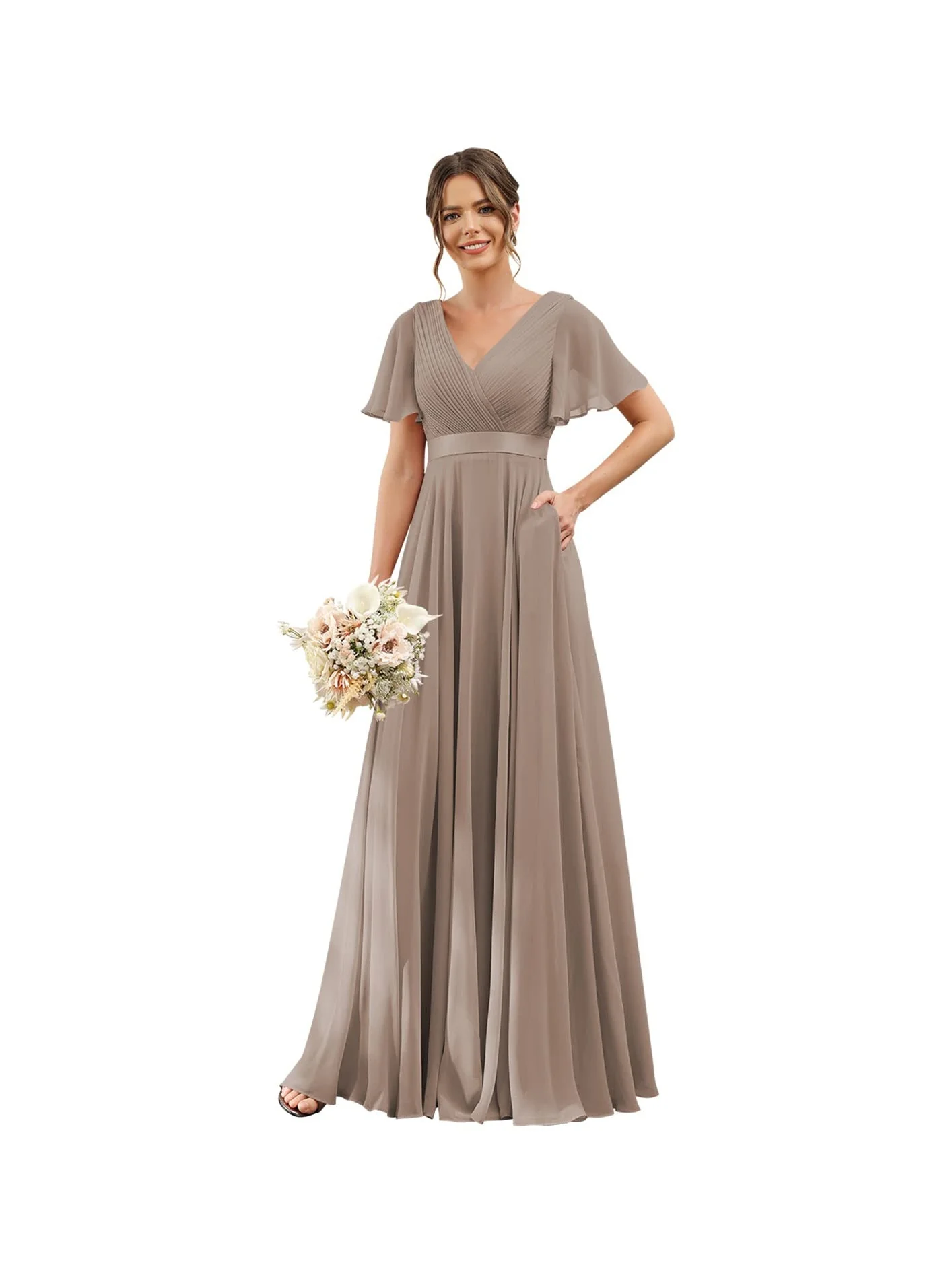 A-Line/Princess  V Neck Flutter Sleeves  Floor Length Bridesmaid Dresses  Chiffon  with Pockets Ruched - Image 23