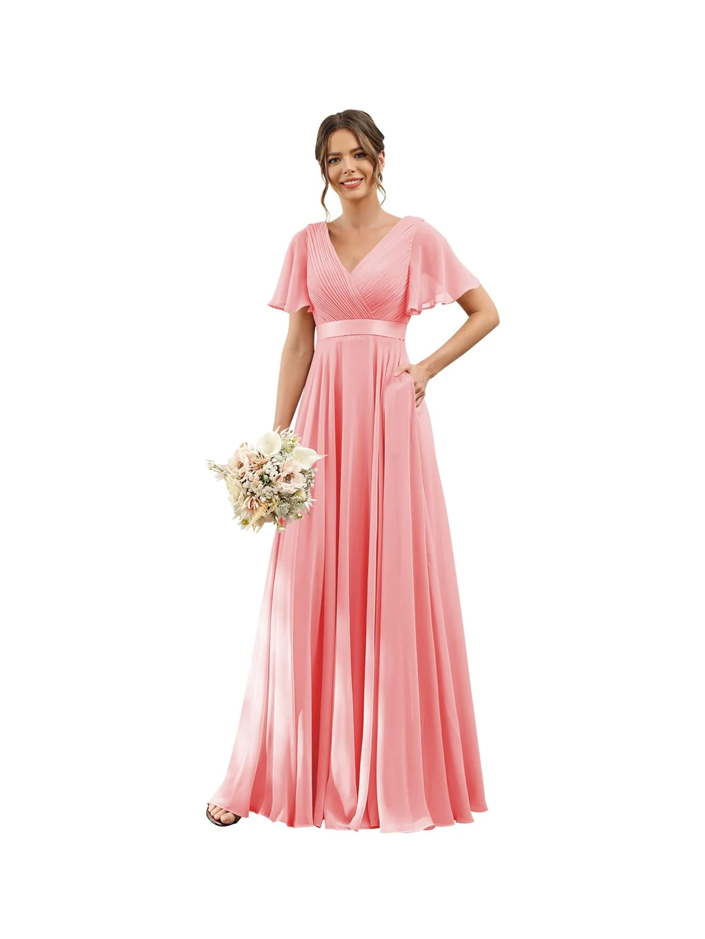 A-Line/Princess  V Neck Flutter Sleeves  Floor Length Bridesmaid Dresses  Chiffon  with Pockets Ruched - Image 24