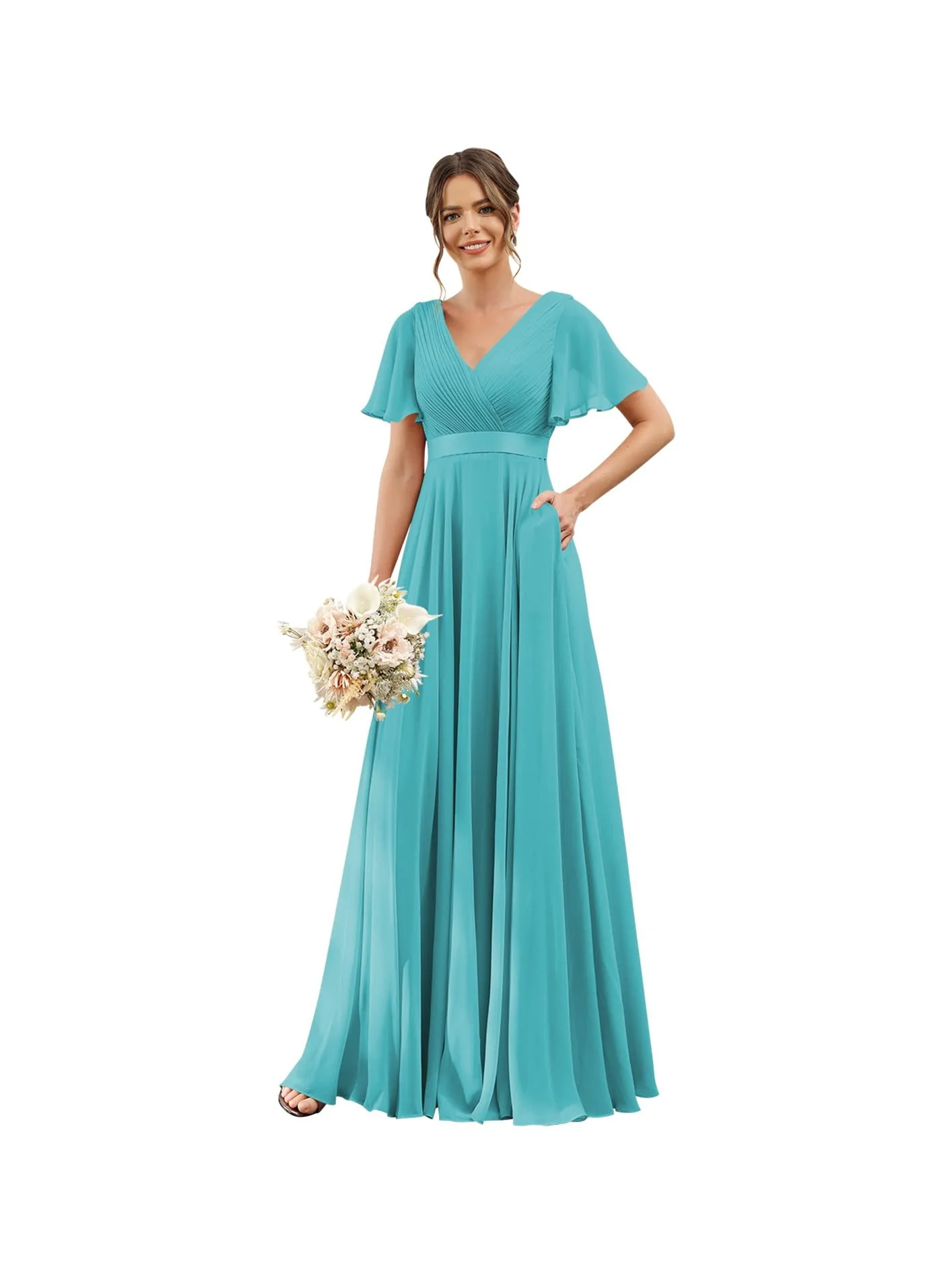 A-Line/Princess  V Neck Flutter Sleeves  Floor Length Bridesmaid Dresses  Chiffon  with Pockets Ruched - Image 25