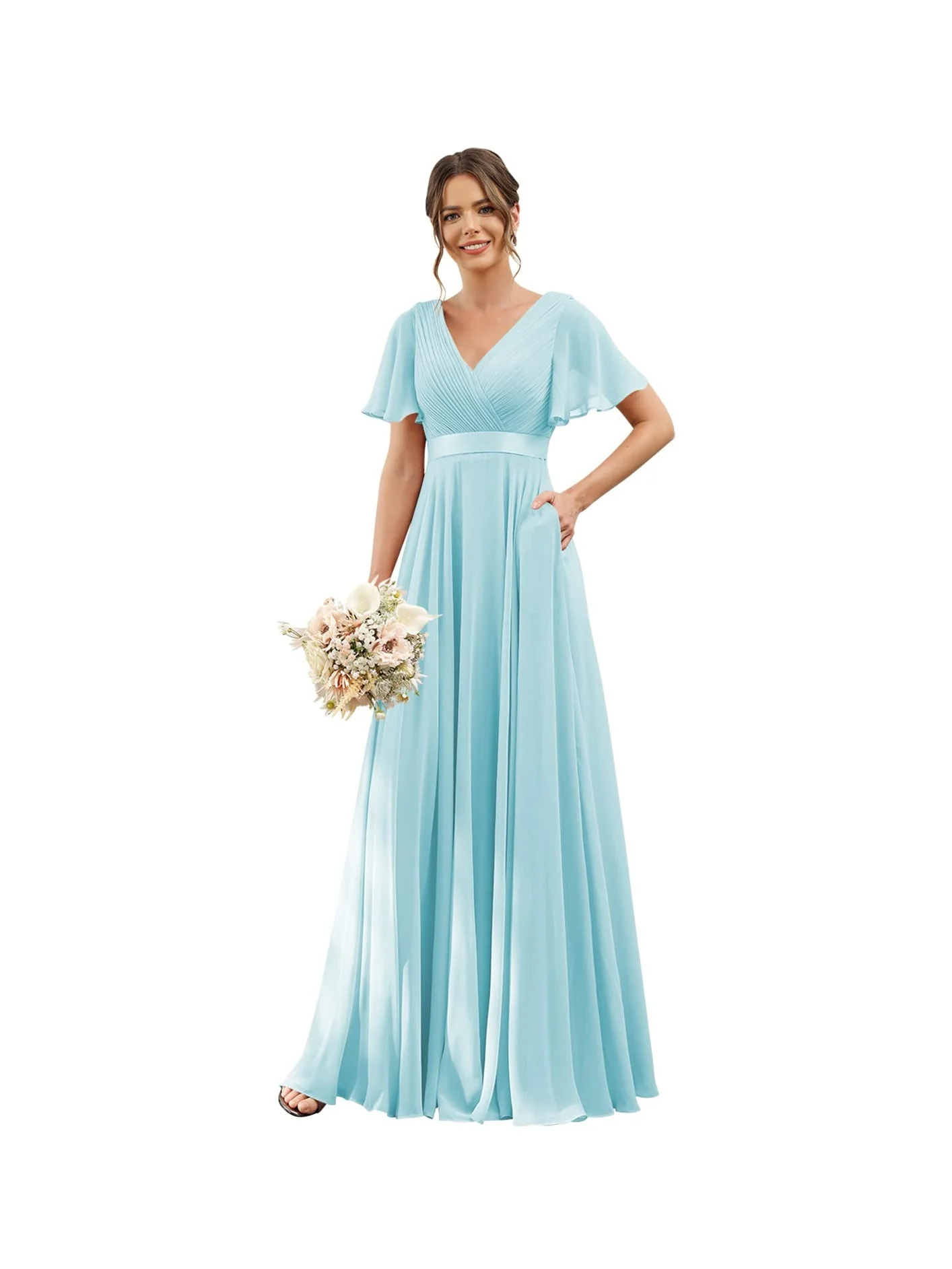A-Line/Princess  V Neck Flutter Sleeves  Floor Length Bridesmaid Dresses  Chiffon  with Pockets Ruched - Image 26
