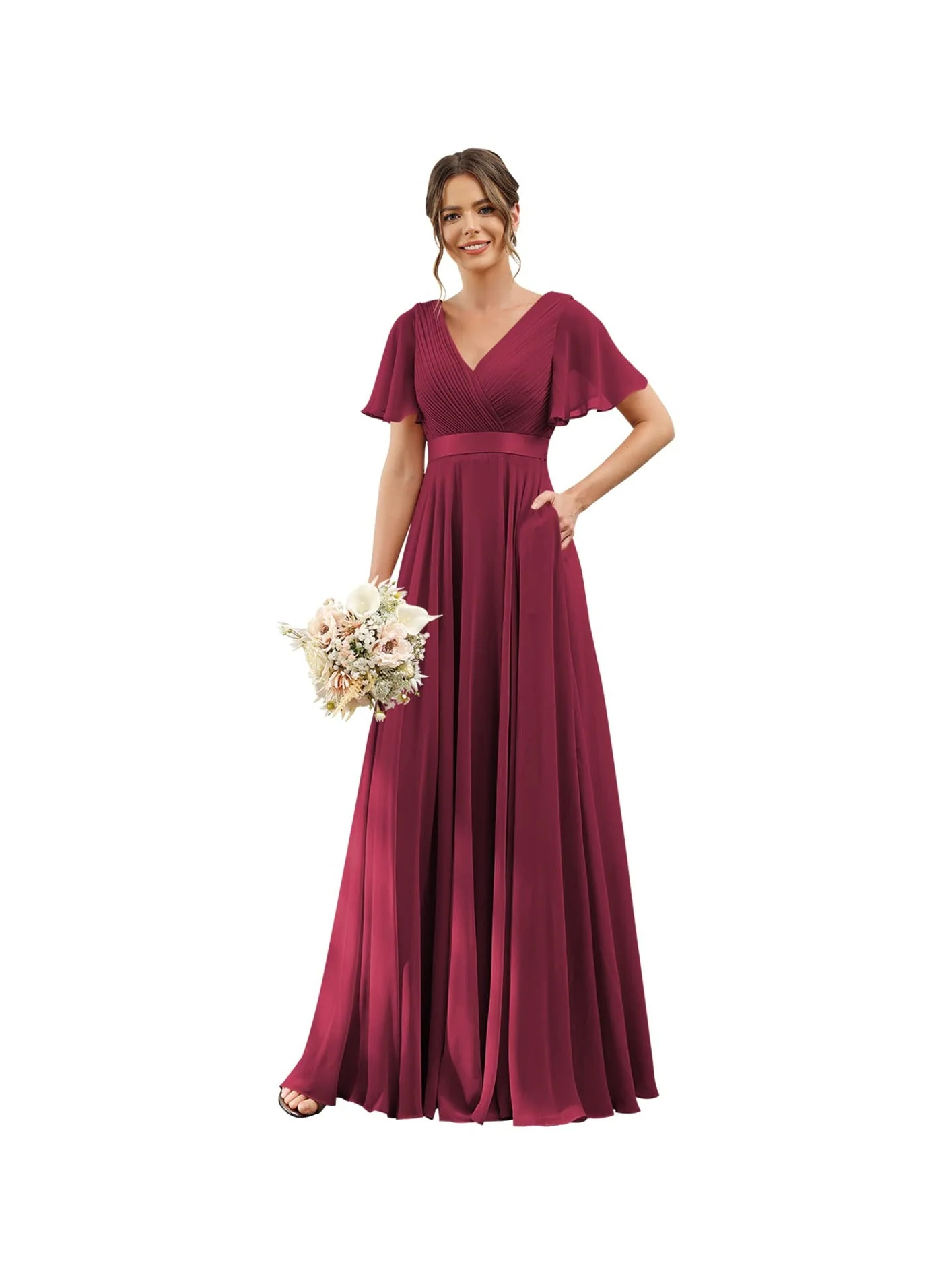 A-Line/Princess  V Neck Flutter Sleeves  Floor Length Bridesmaid Dresses  Chiffon  with Pockets Ruched - Image 27