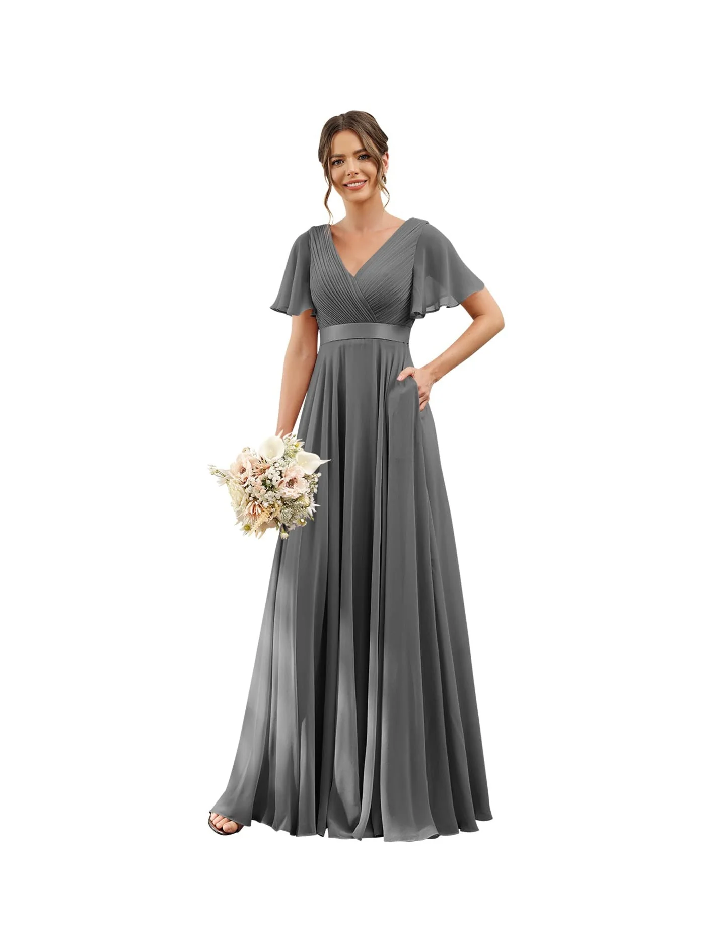 A-Line/Princess  V Neck Flutter Sleeves  Floor Length Bridesmaid Dresses  Chiffon  with Pockets Ruched - Image 28