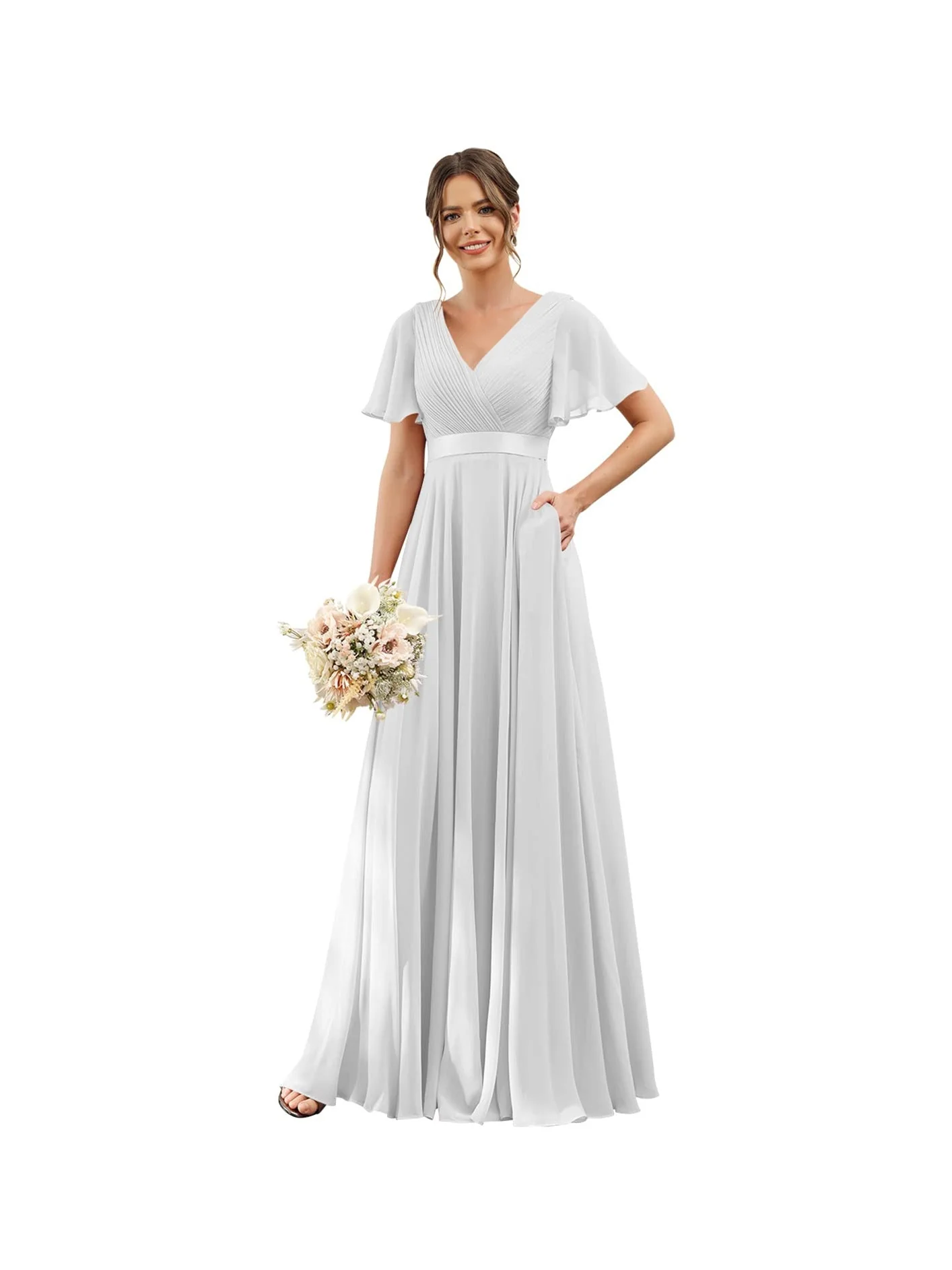 A-Line/Princess  V Neck Flutter Sleeves  Floor Length Bridesmaid Dresses  Chiffon  with Pockets Ruched - Image 29