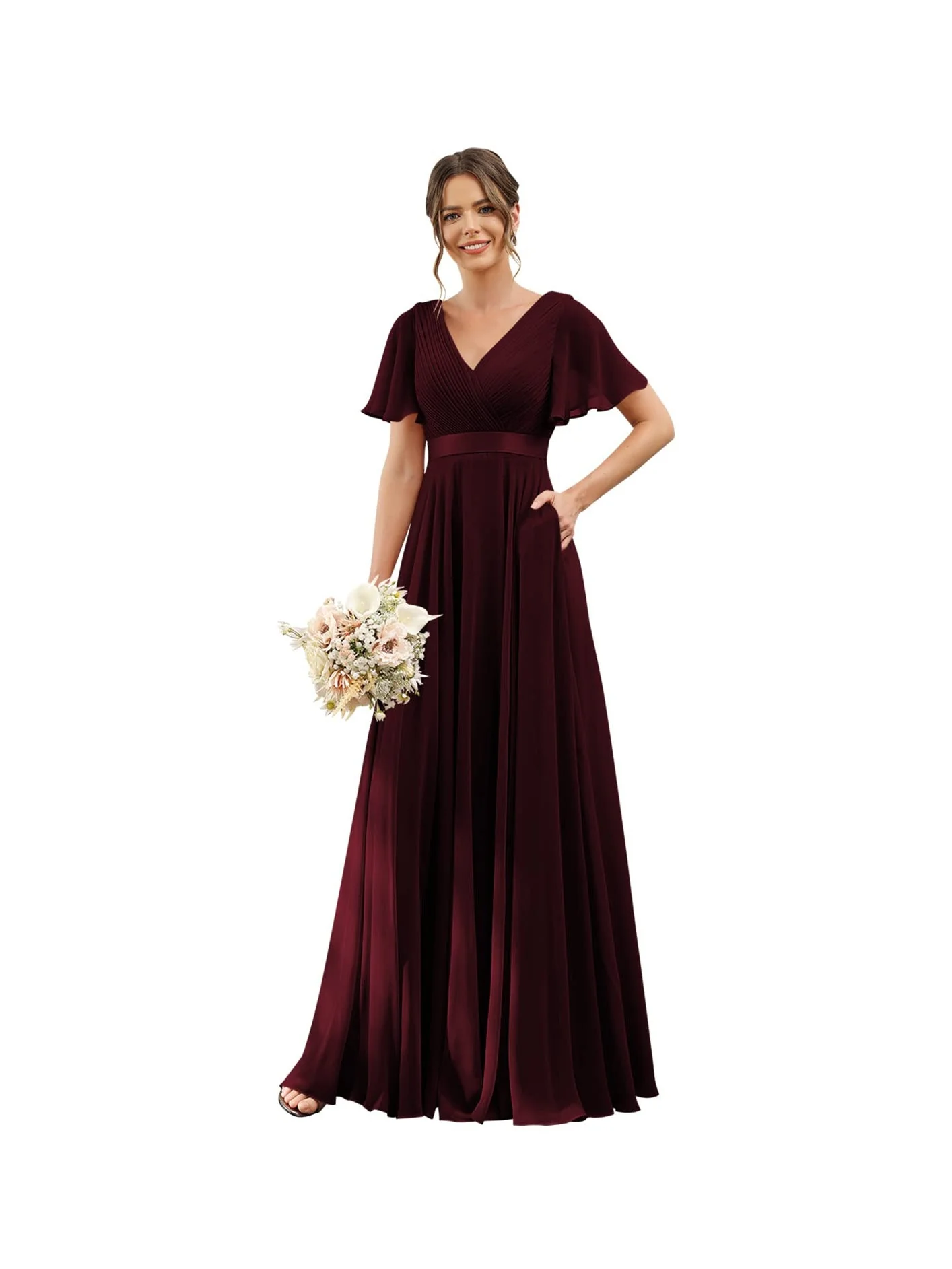 A-Line/Princess  V Neck Flutter Sleeves  Floor Length Bridesmaid Dresses  Chiffon  with Pockets Ruched - Image 3
