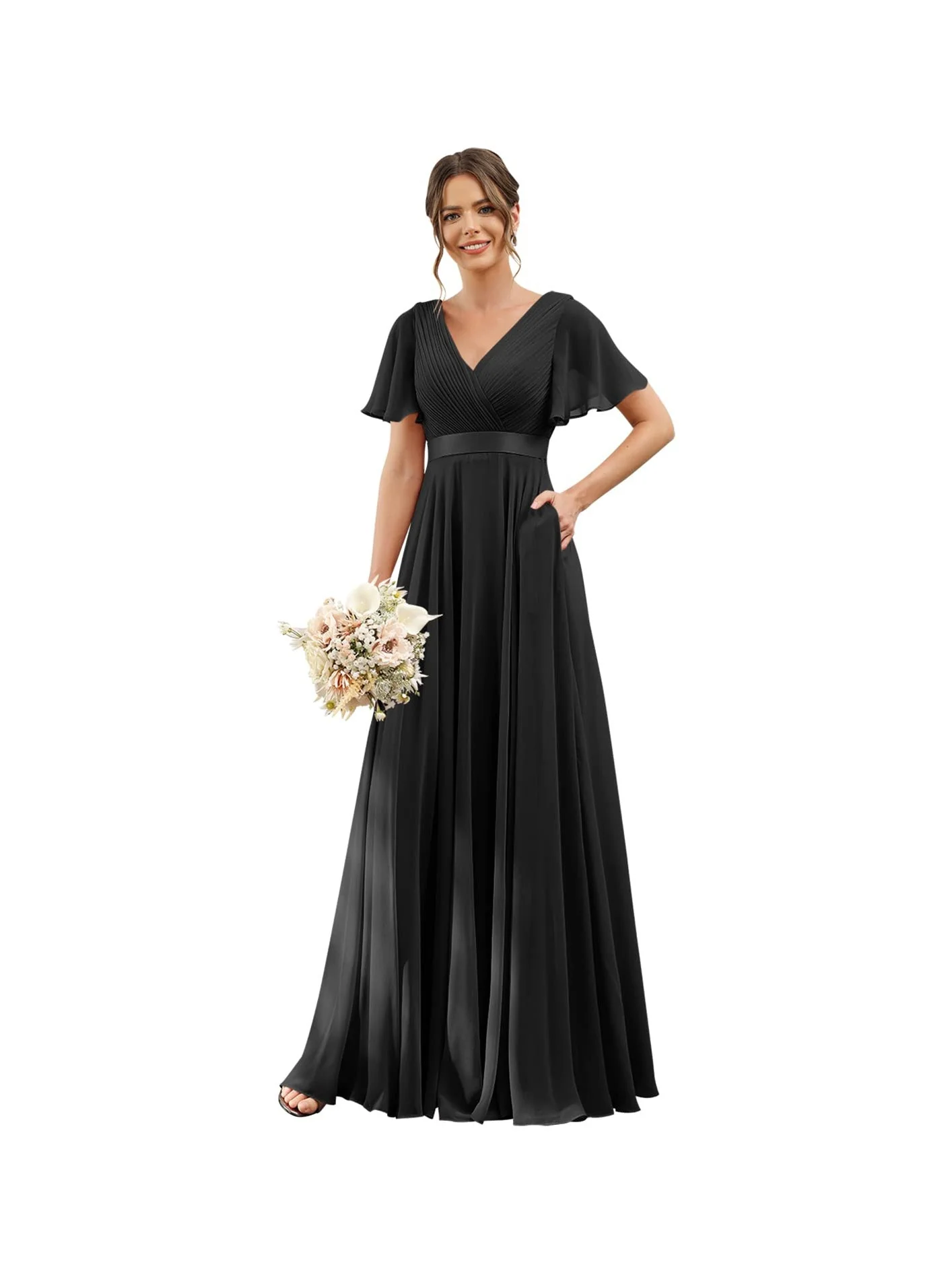 A-Line/Princess  V Neck Flutter Sleeves  Floor Length Bridesmaid Dresses  Chiffon  with Pockets Ruched - Image 30