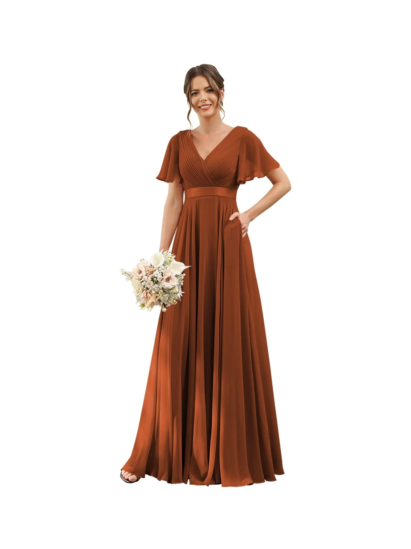 A-Line/Princess  V Neck Flutter Sleeves  Floor Length Bridesmaid Dresses  Chiffon  with Pockets Ruched - Image 31