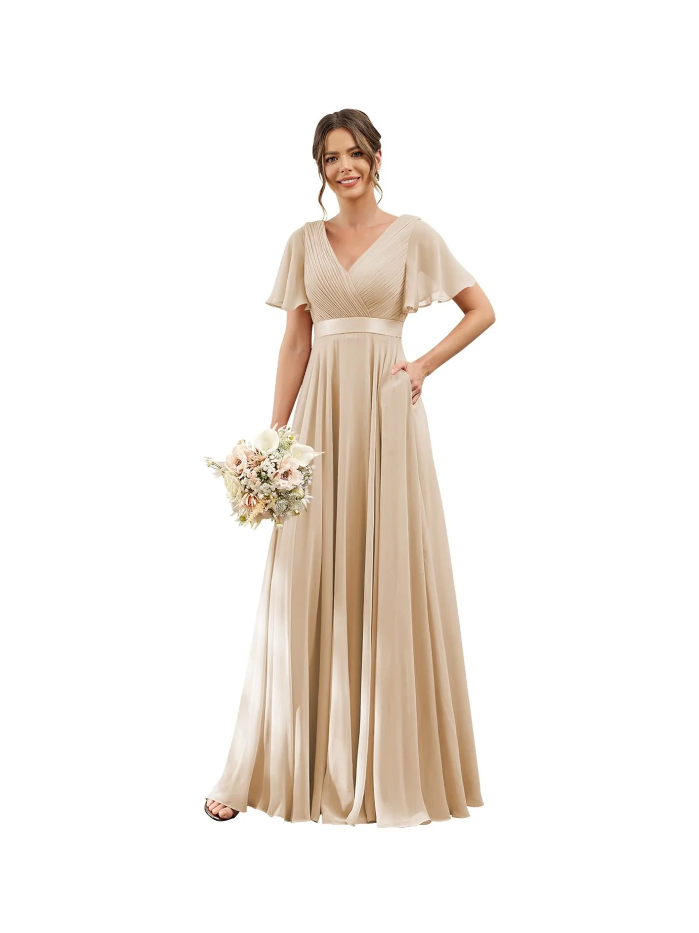 A-Line/Princess  V Neck Flutter Sleeves  Floor Length Bridesmaid Dresses  Chiffon  with Pockets Ruched - Image 32