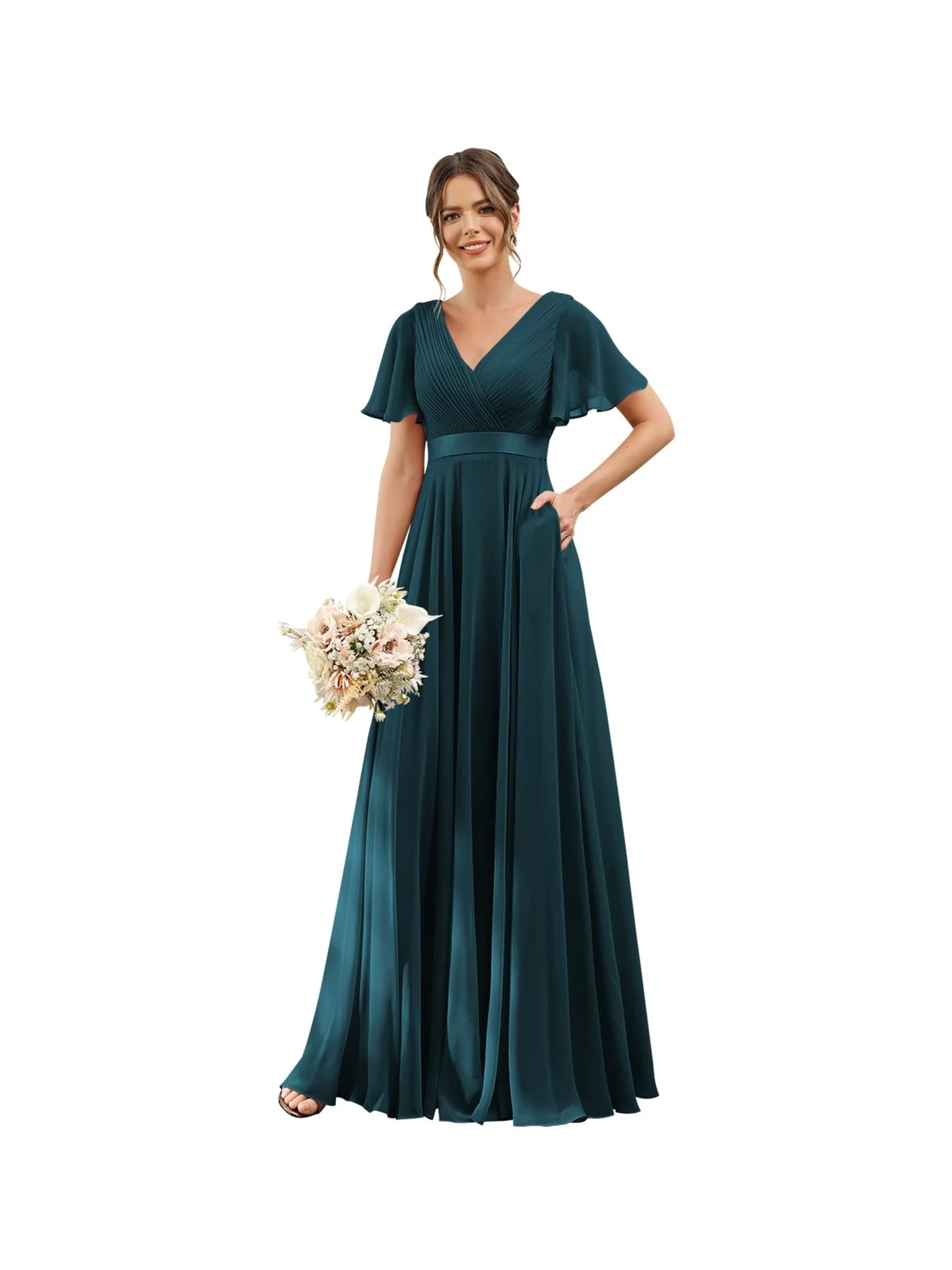 A-Line/Princess  V Neck Flutter Sleeves  Floor Length Bridesmaid Dresses  Chiffon  with Pockets Ruched - Image 33