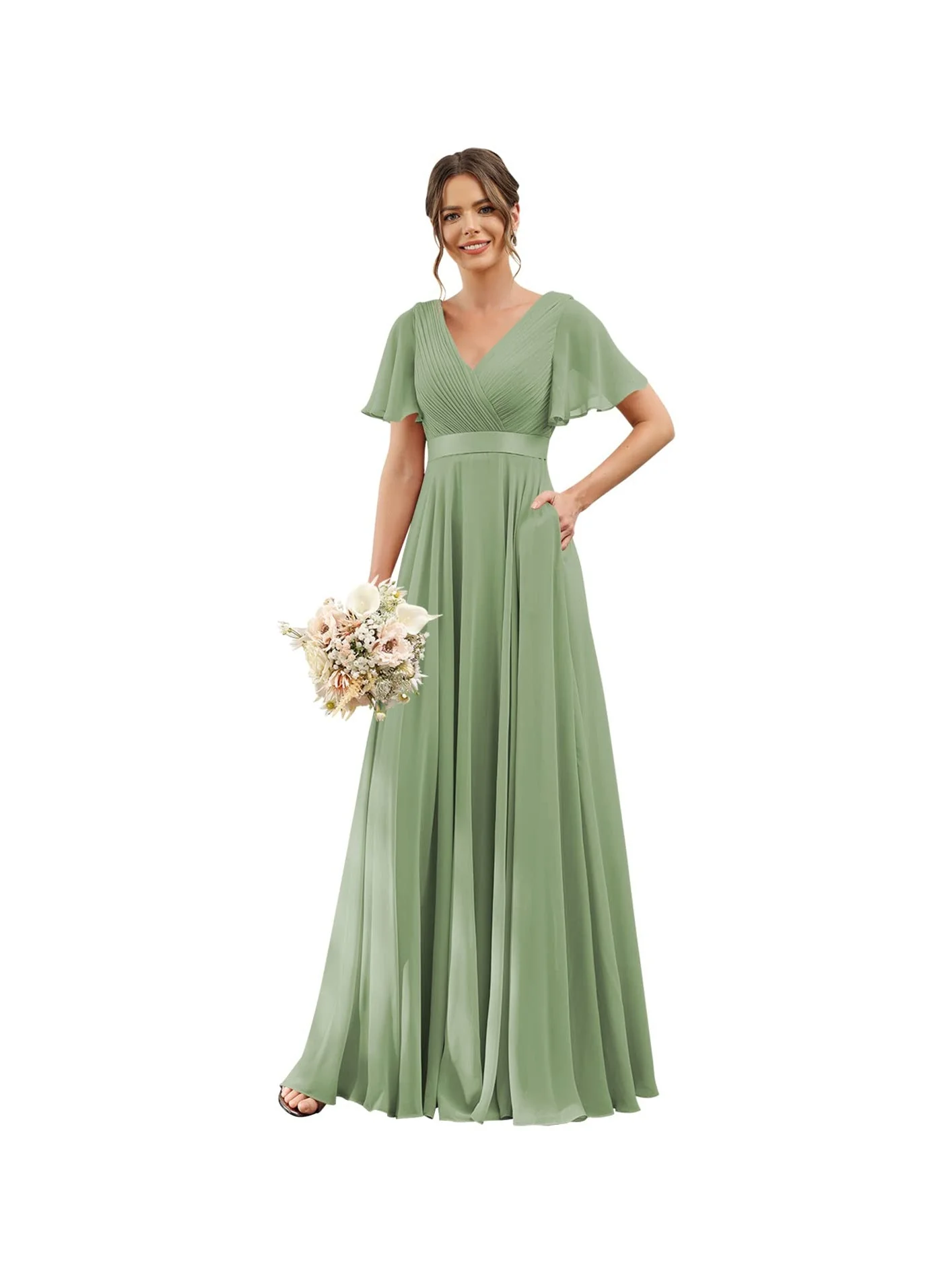 A-Line/Princess  V Neck Flutter Sleeves  Floor Length Bridesmaid Dresses  Chiffon  with Pockets Ruched - Image 35