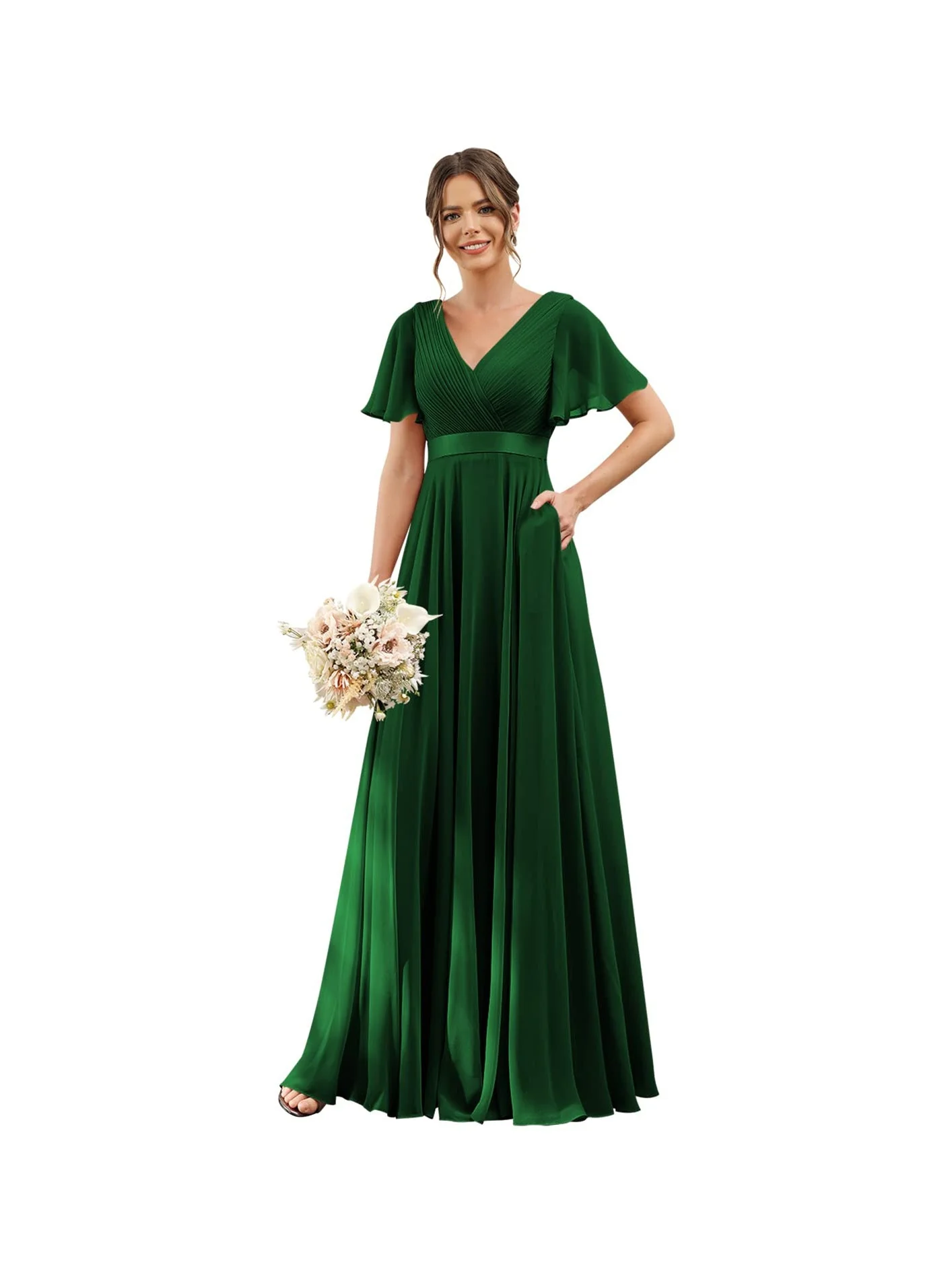 A-Line/Princess  V Neck Flutter Sleeves  Floor Length Bridesmaid Dresses  Chiffon  with Pockets Ruched - Image 36