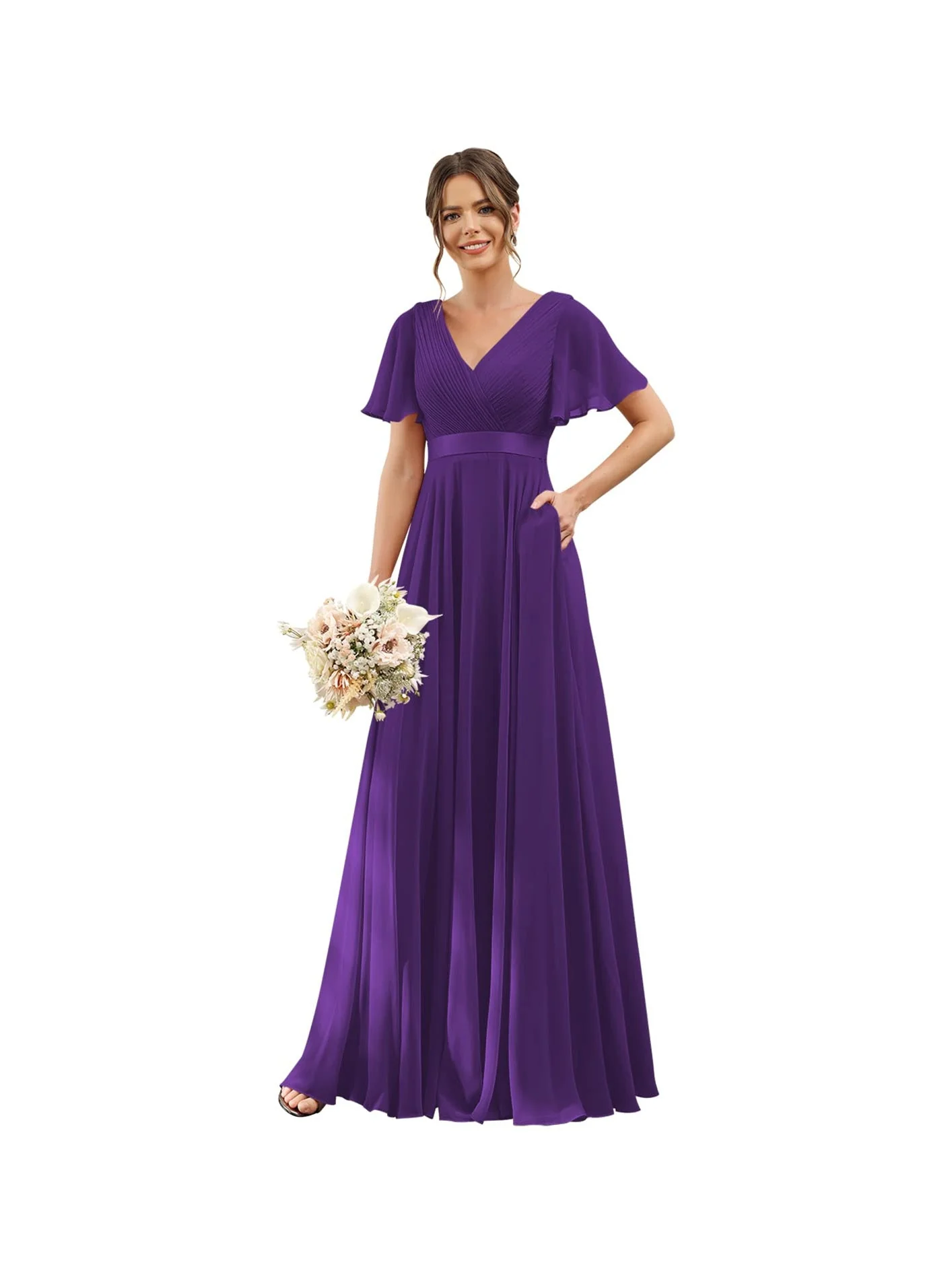 A-Line/Princess  V Neck Flutter Sleeves  Floor Length Bridesmaid Dresses  Chiffon  with Pockets Ruched - Image 4
