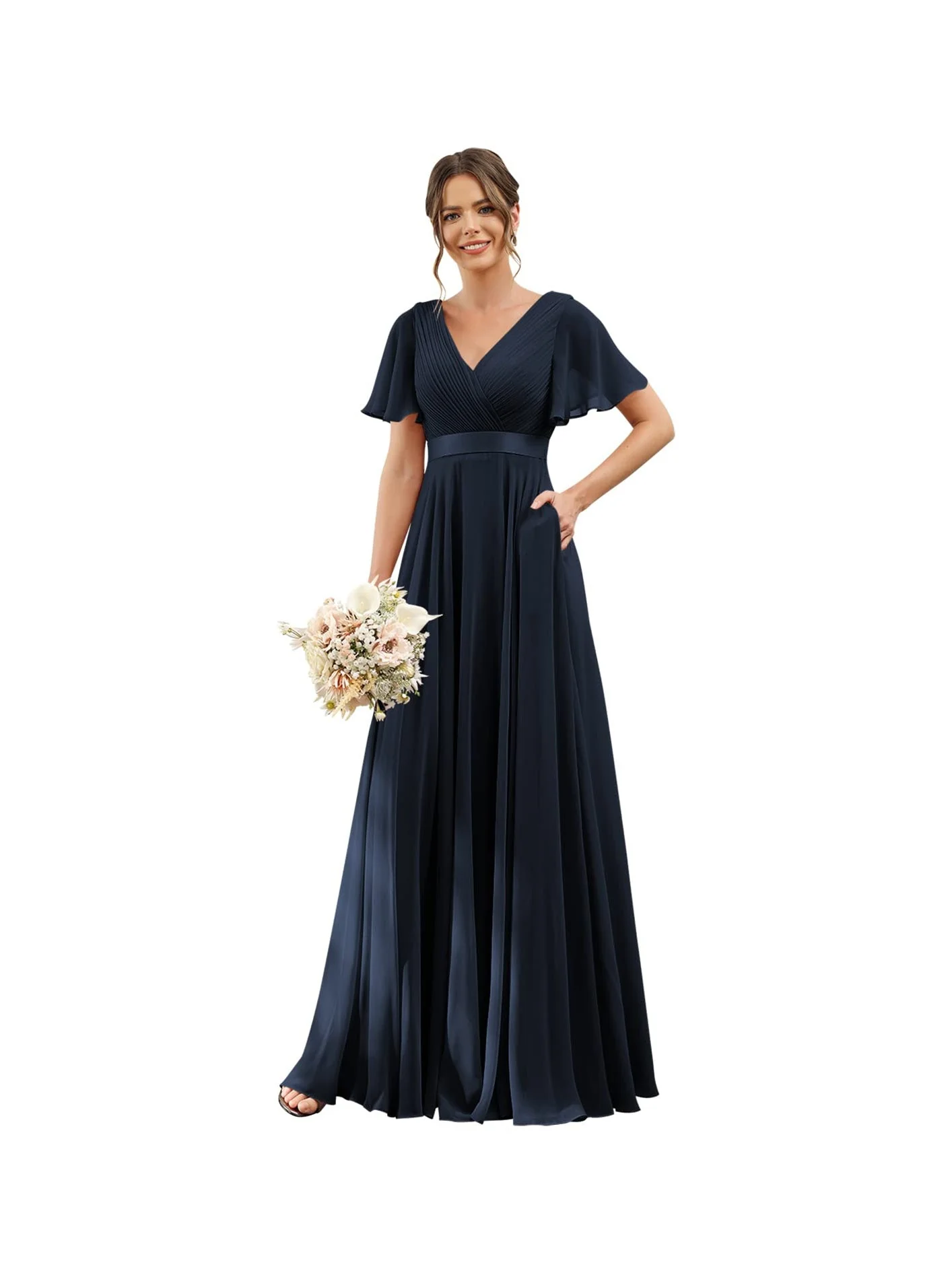 A-Line/Princess  V Neck Flutter Sleeves  Floor Length Bridesmaid Dresses  Chiffon  with Pockets Ruched - Image 5