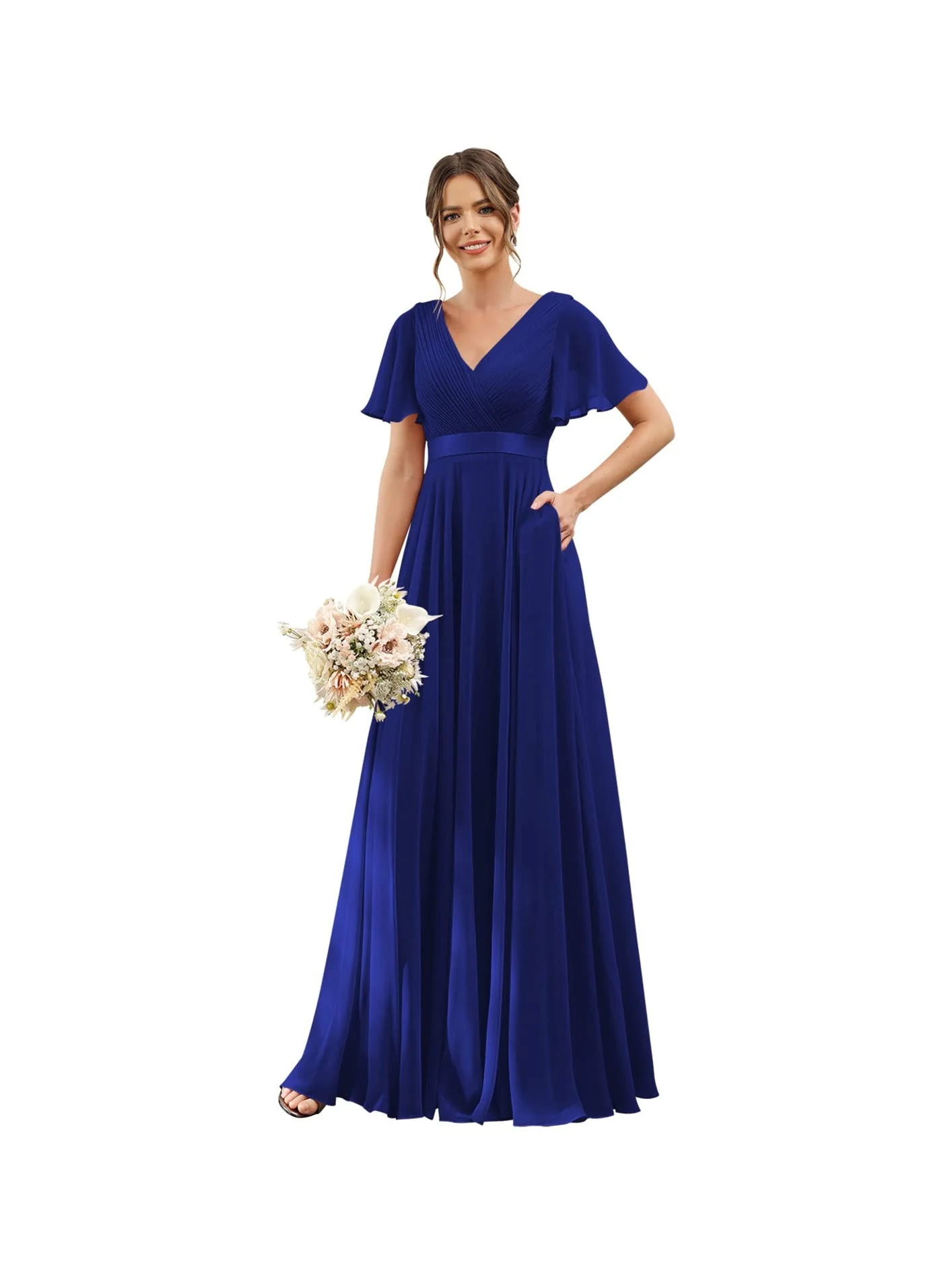 A-Line/Princess  V Neck Flutter Sleeves  Floor Length Bridesmaid Dresses  Chiffon  with Pockets Ruched - Image 6