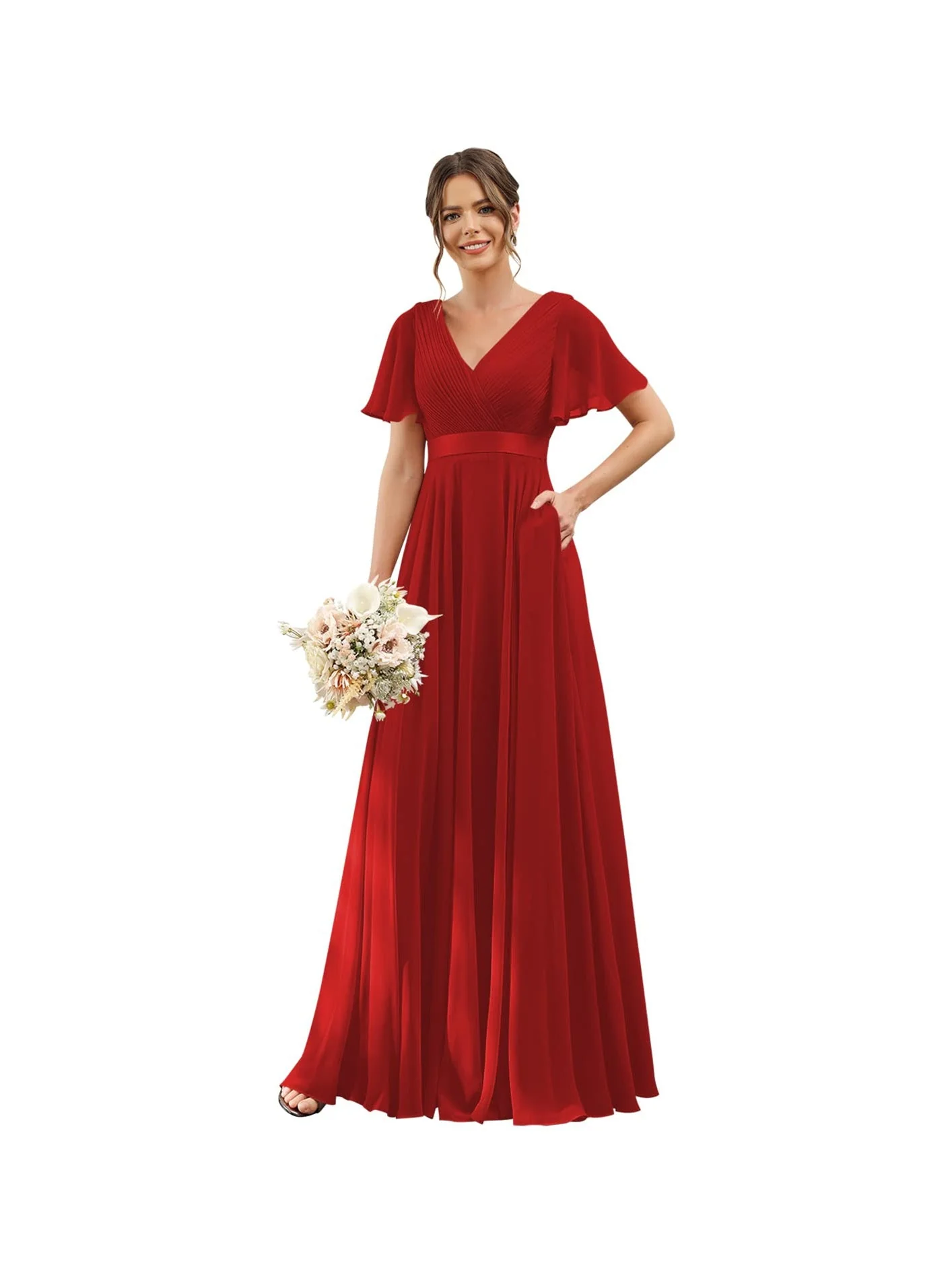 A-Line/Princess  V Neck Flutter Sleeves  Floor Length Bridesmaid Dresses  Chiffon  with Pockets Ruched - Image 7