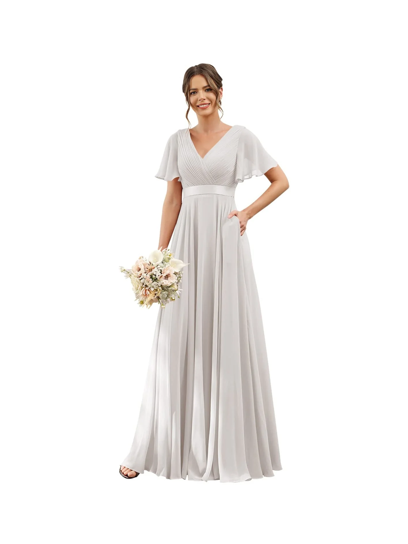 A-Line/Princess  V Neck Flutter Sleeves  Floor Length Bridesmaid Dresses  Chiffon  with Pockets Ruched - Image 8
