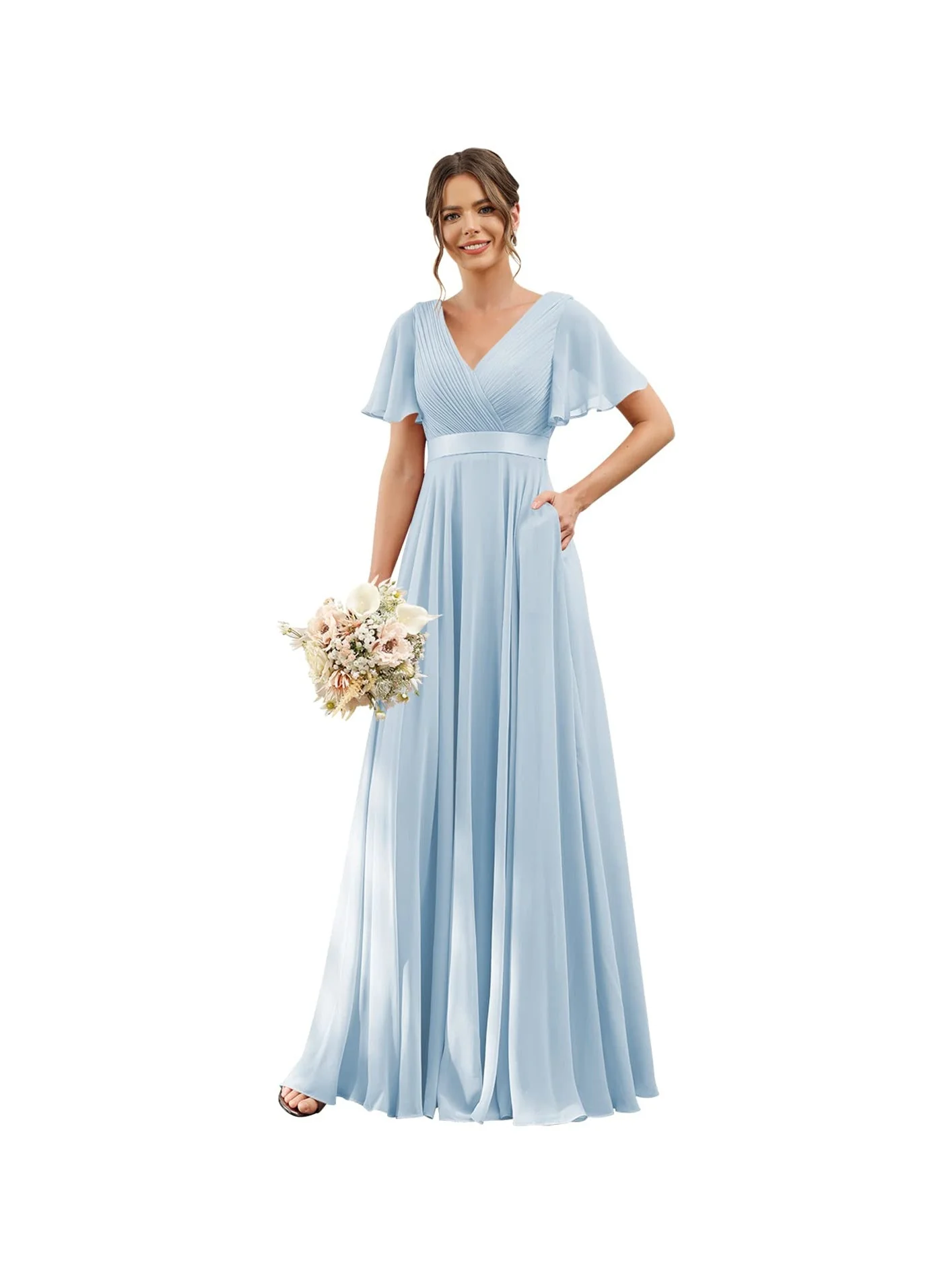 A-Line/Princess  V Neck Flutter Sleeves  Floor Length Bridesmaid Dresses  Chiffon  with Pockets Ruched - Image 9
