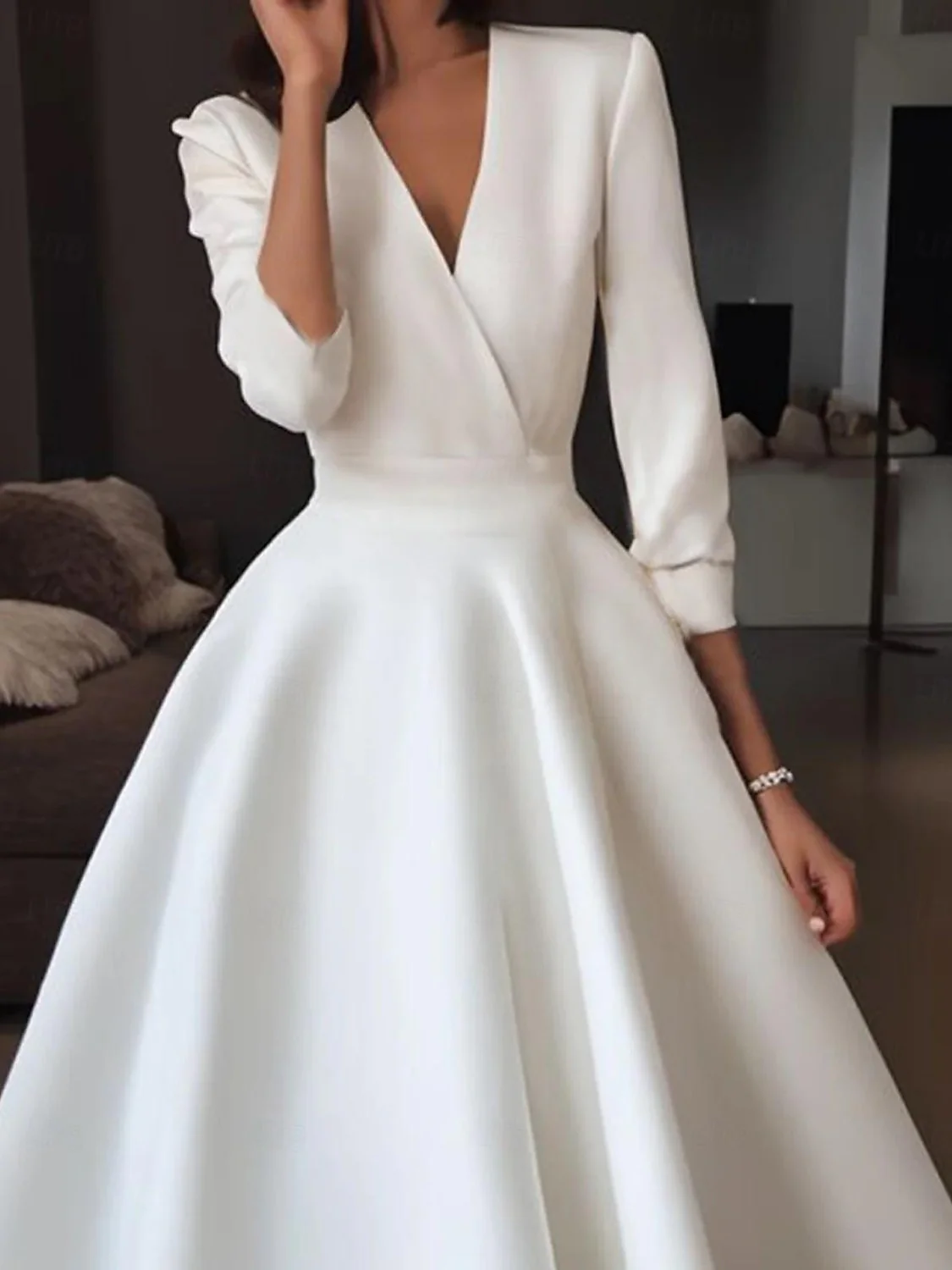 A-Line/Princess V Neck Half Sleeve Tea Length Satin Wedding Dress With Draping - Image 2