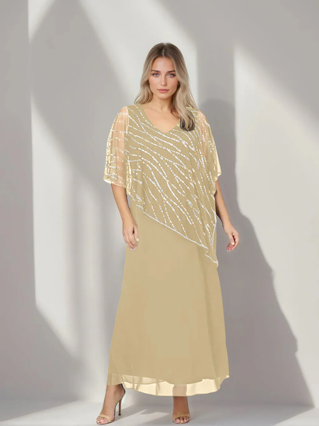 A-Line/Princess V-Neck Half Sleeves Ankle-Length Plus Size Mother of the Bride Dresses with Asymmetrical Cape Popover - Image 10