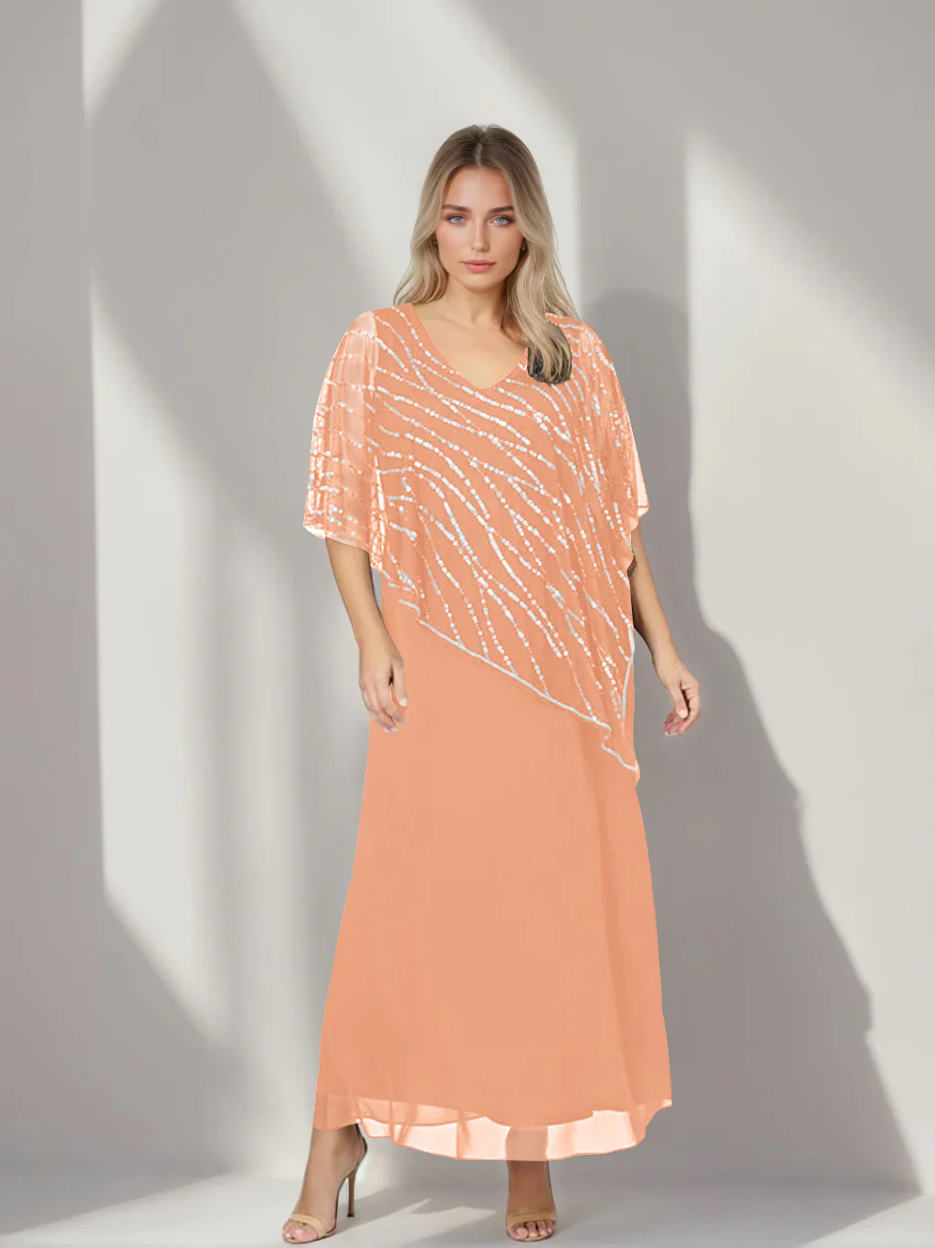 A-Line/Princess V-Neck Half Sleeves Ankle-Length Plus Size Mother of the Bride Dresses with Asymmetrical Cape Popover - Image 13