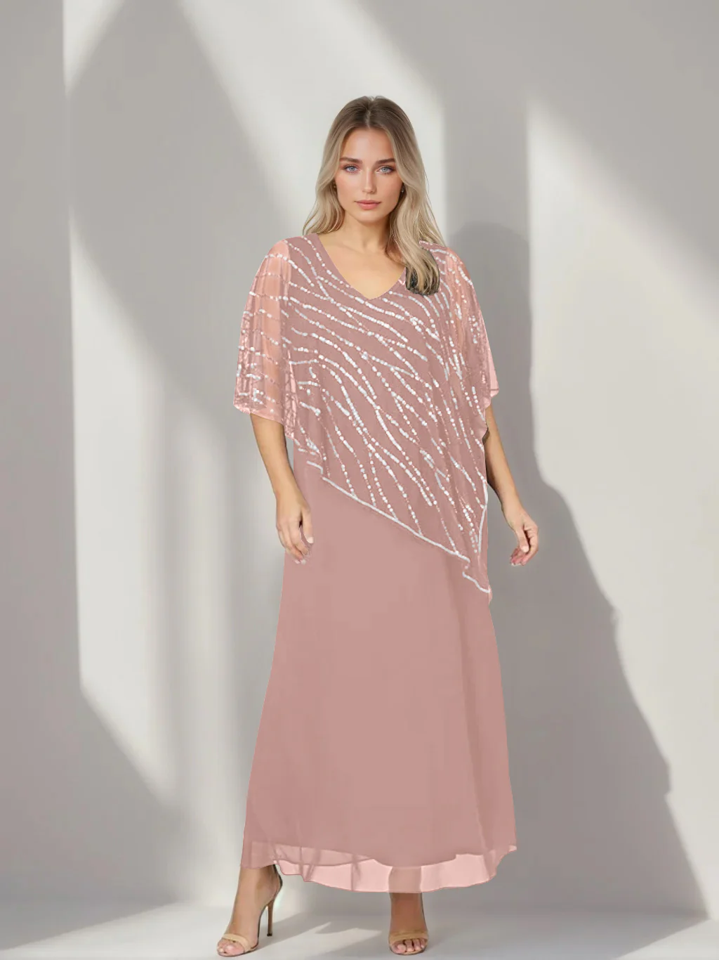 A-Line/Princess V-Neck Half Sleeves Ankle-Length Plus Size Mother of the Bride Dresses with Asymmetrical Cape Popover - Image 19