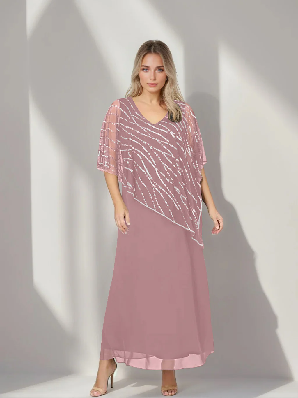 A-Line/Princess V-Neck Half Sleeves Ankle-Length Plus Size Mother of the Bride Dresses with Asymmetrical Cape Popover - Image 30