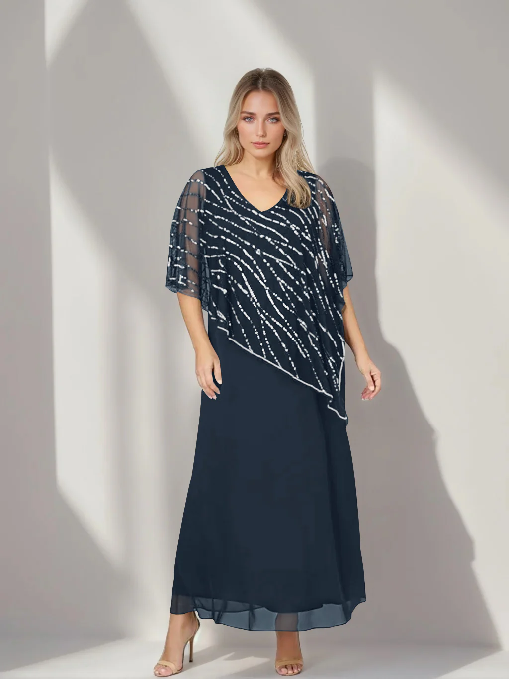 A-Line/Princess V-Neck Half Sleeves Ankle-Length Plus Size Mother of the Bride Dresses with Asymmetrical Cape Popover - Image 33