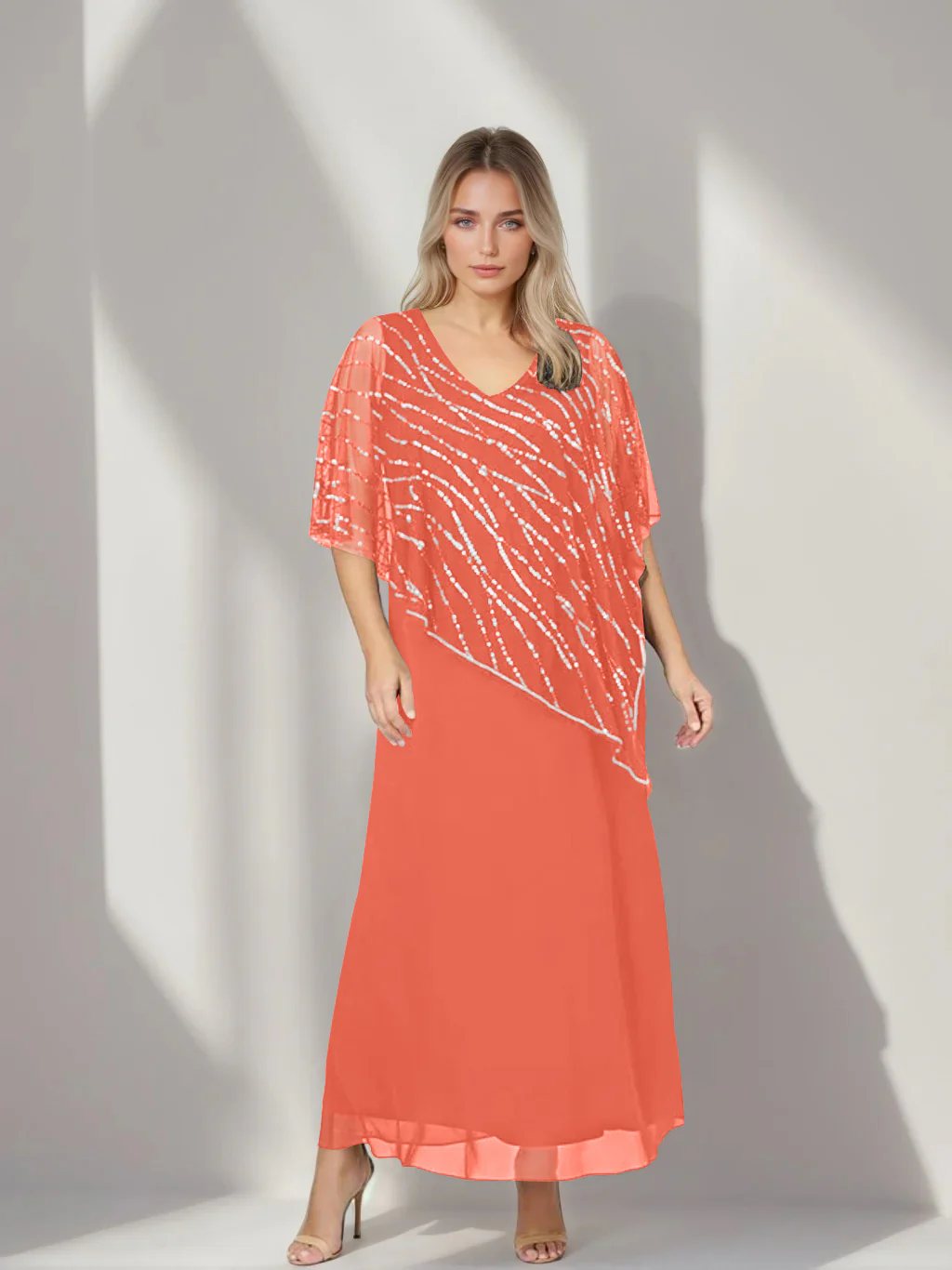 A-Line/Princess V-Neck Half Sleeves Ankle-Length Plus Size Mother of the Bride Dresses with Asymmetrical Cape Popover - Image 37