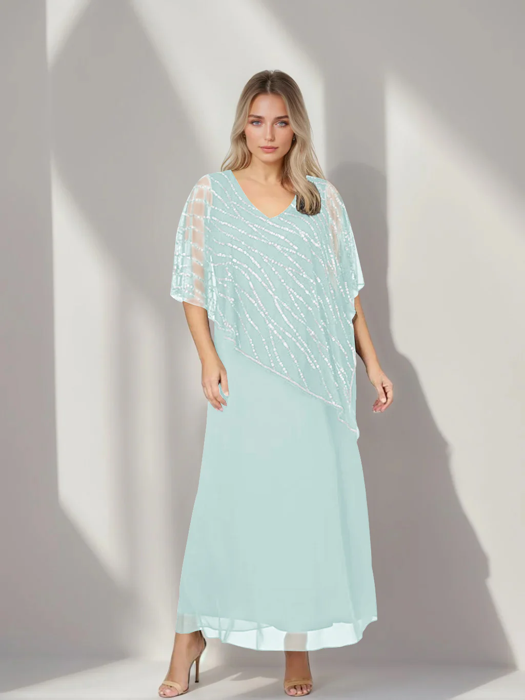 A-Line/Princess V-Neck Half Sleeves Ankle-Length Plus Size Mother of the Bride Dresses with Asymmetrical Cape Popover - Image 47
