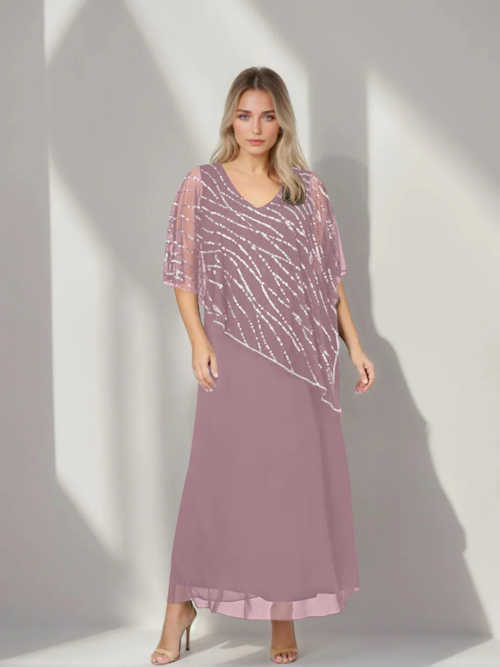 A-Line/Princess V-Neck Half Sleeves Ankle-Length Plus Size Mother of the Bride Dresses with Asymmetrical Cape Popover - Image 55