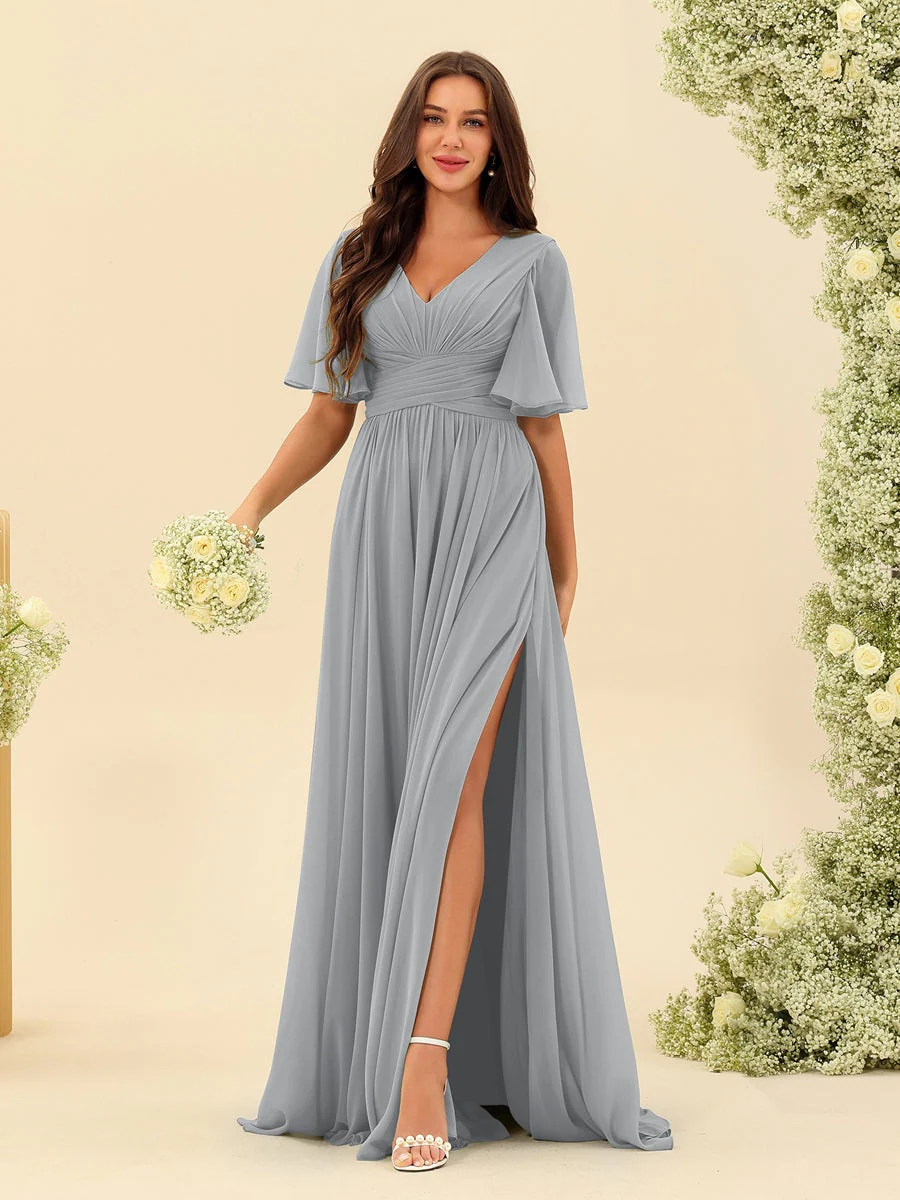 A-Line/Princess V-Neck Half Sleeves Chiffon Bridesmaid Dresses With Pockets & Split Side - Image 24