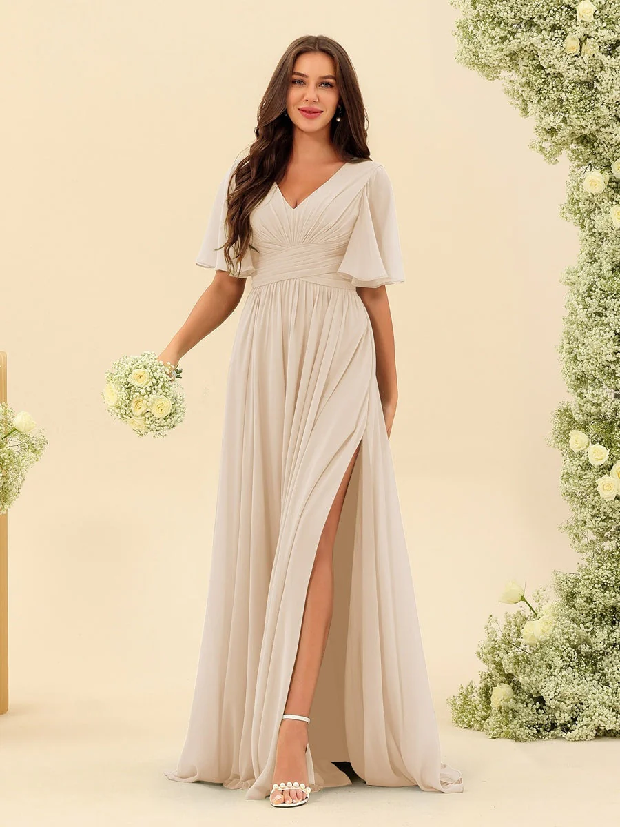 A-Line/Princess V-Neck Half Sleeves Chiffon Bridesmaid Dresses With Pockets & Split Side - Image 25