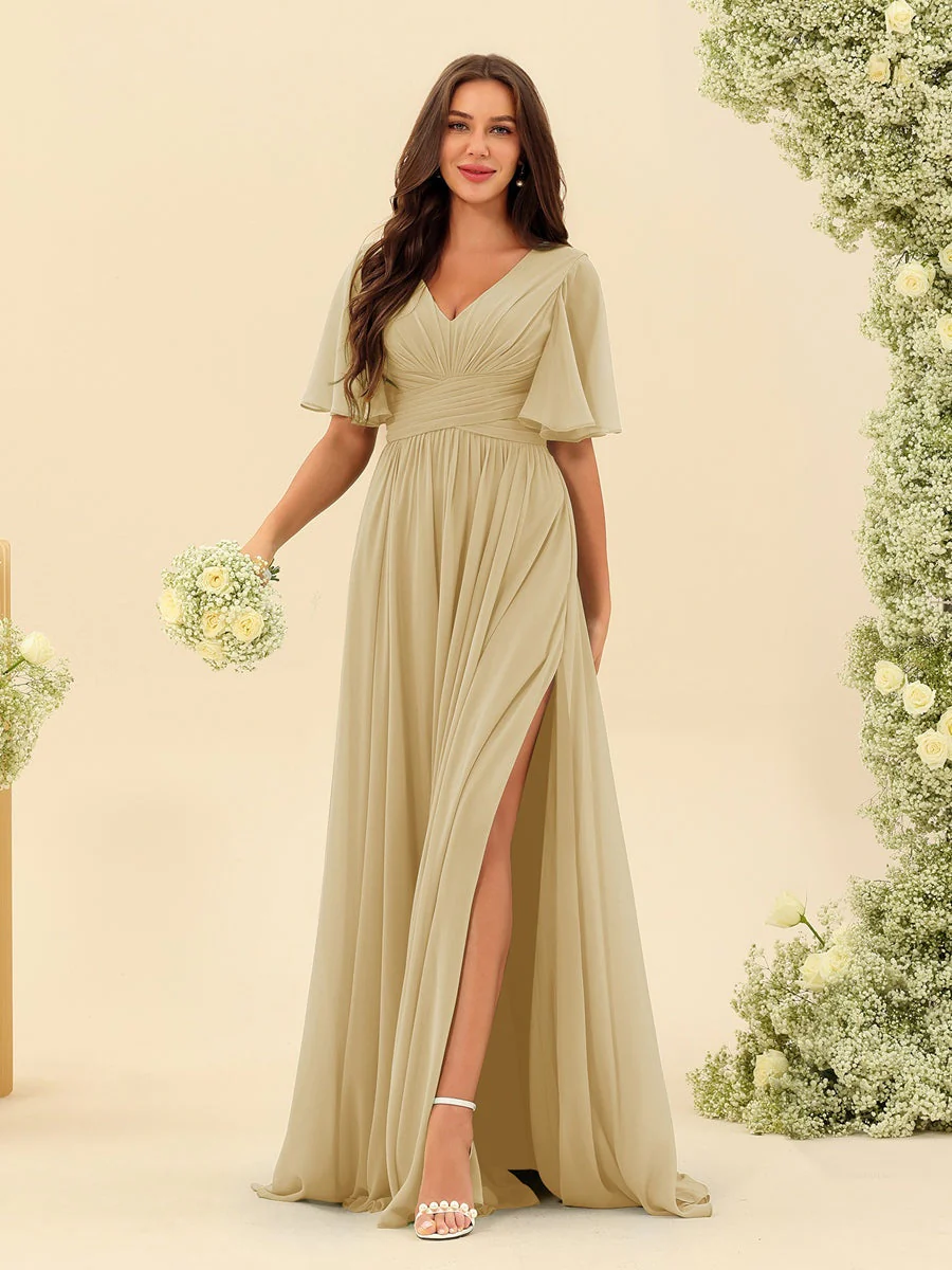 A-Line/Princess V-Neck Half Sleeves Chiffon Bridesmaid Dresses With Pockets & Split Side - Image 26