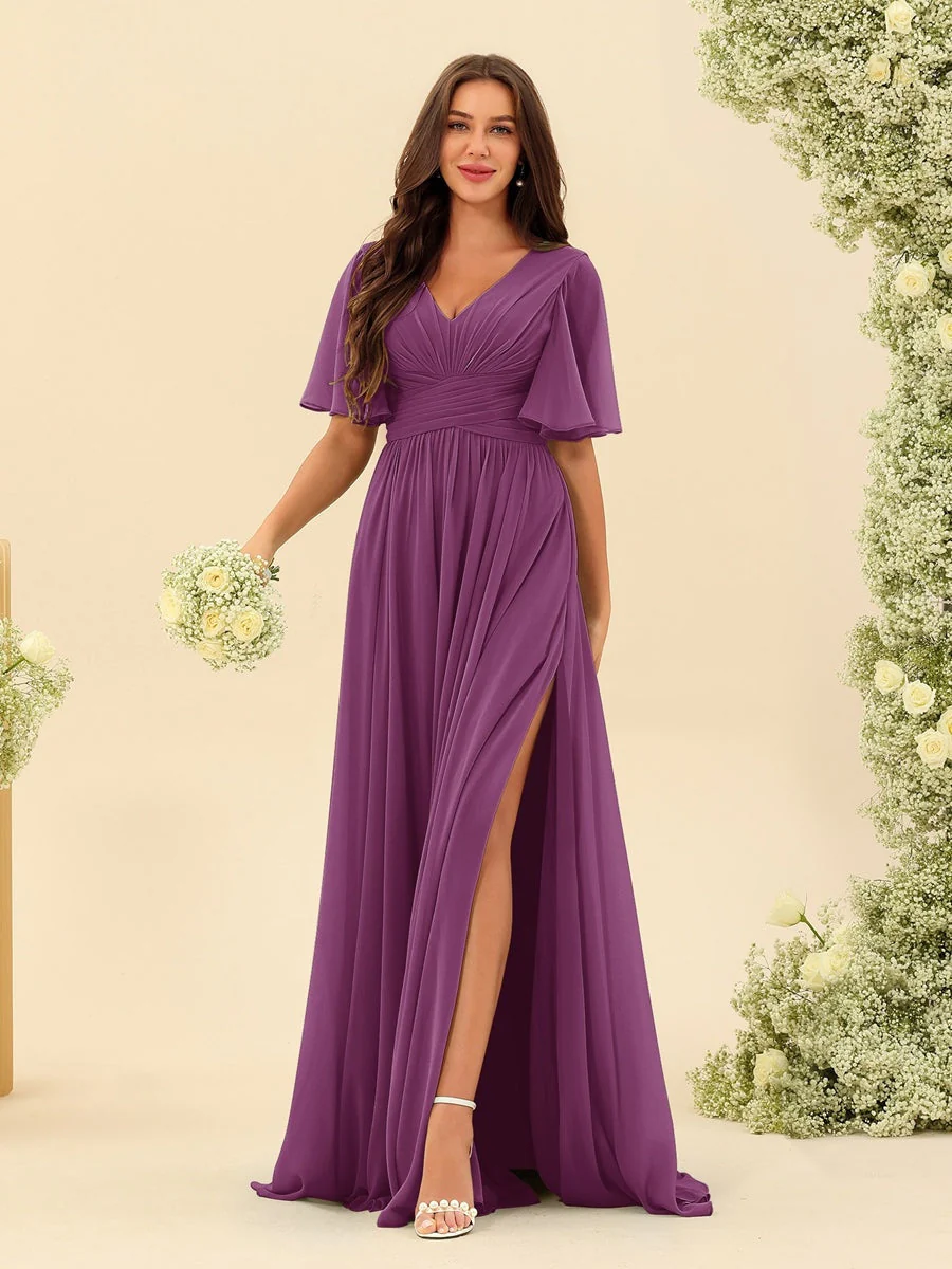 A-Line/Princess V-Neck Half Sleeves Chiffon Bridesmaid Dresses With Pockets & Split Side - Image 46