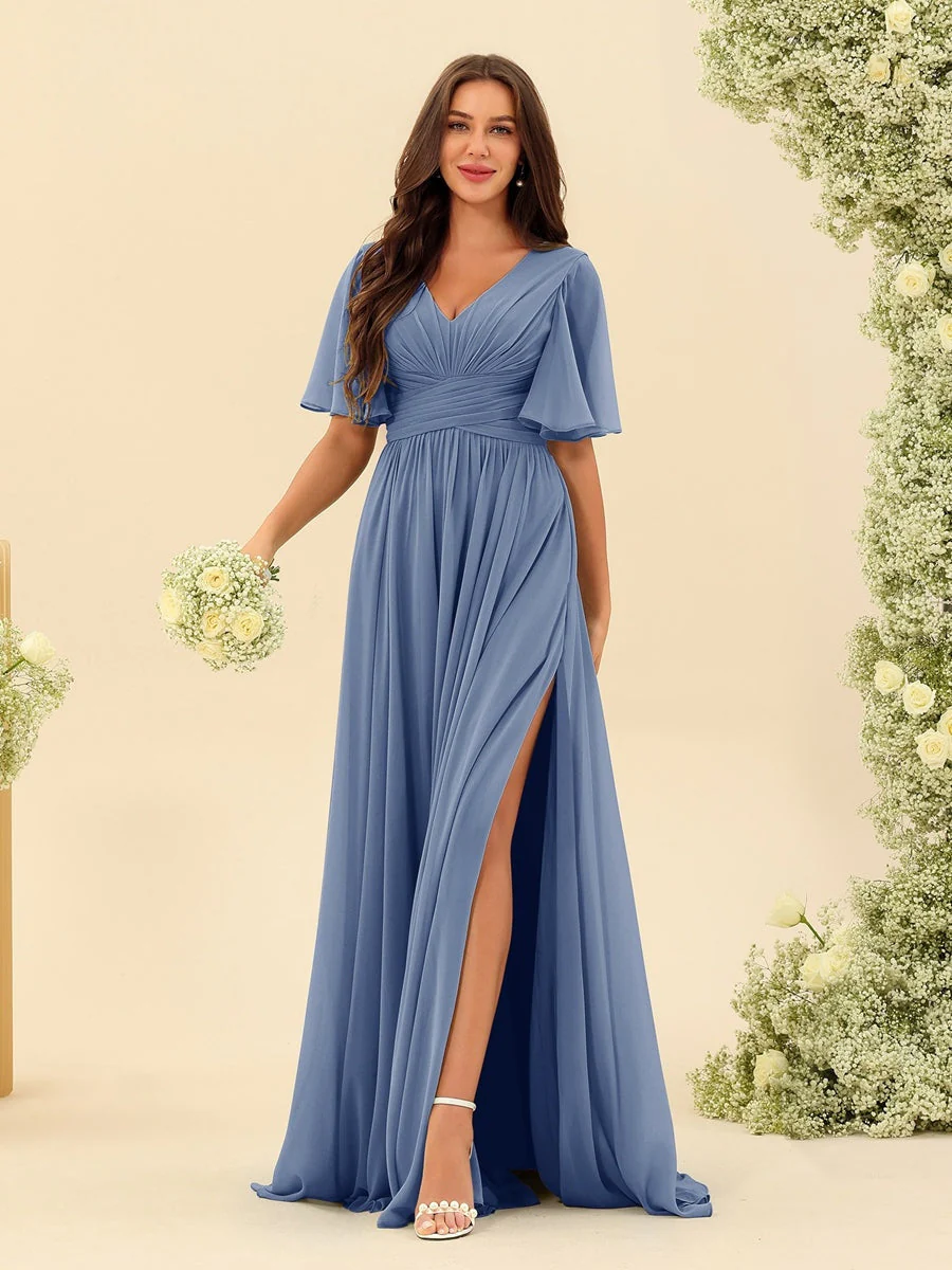 A-Line/Princess V-Neck Half Sleeves Chiffon Bridesmaid Dresses With Pockets & Split Side - Image 52