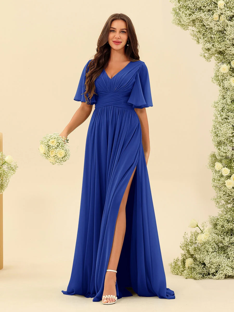 A-Line/Princess V-Neck Half Sleeves Chiffon Bridesmaid Dresses With Pockets & Split Side - Image 55