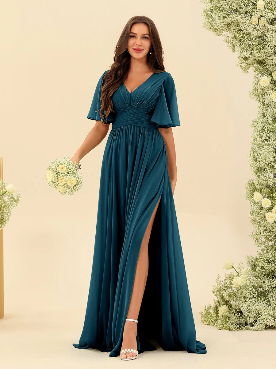 A-Line/Princess V-Neck Half Sleeves Chiffon Bridesmaid Dresses With Pockets & Split Side - Image 59