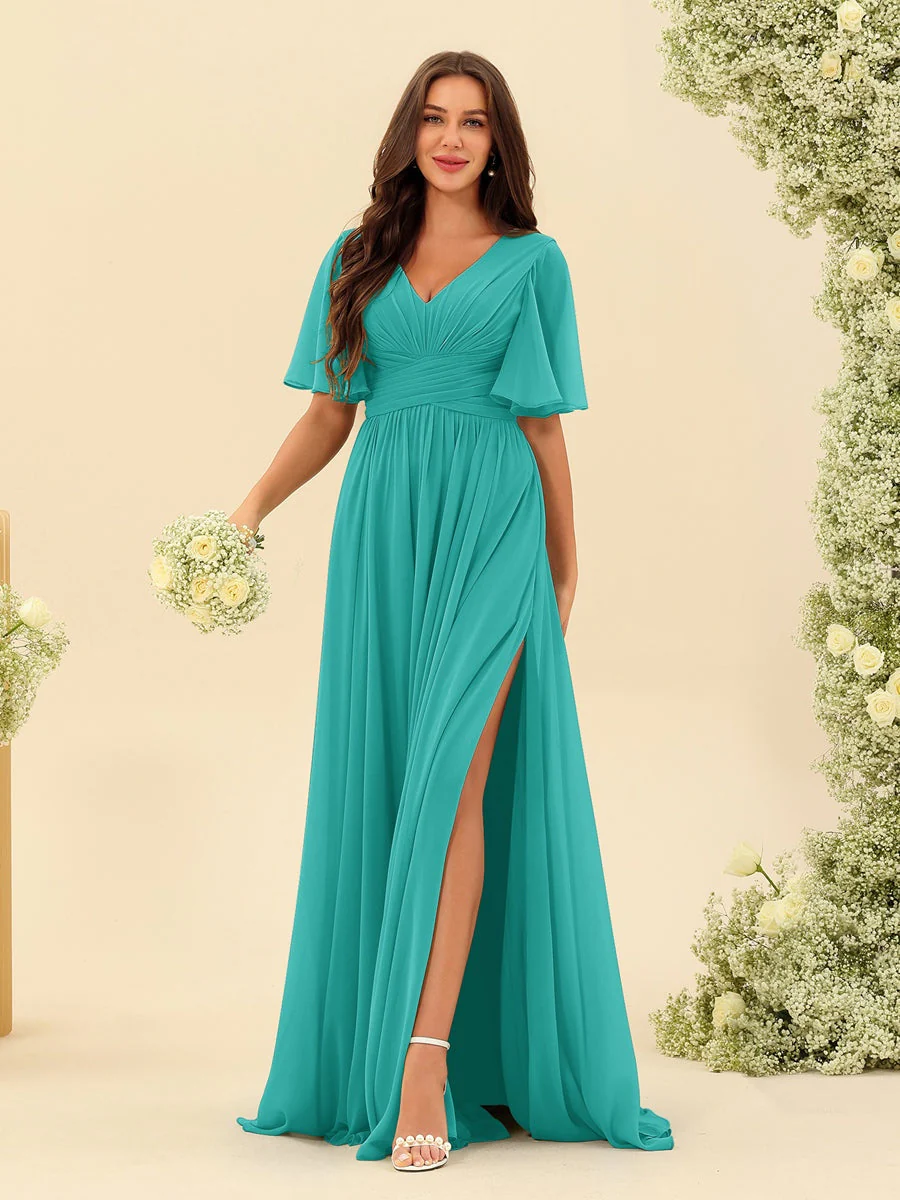 A-Line/Princess V-Neck Half Sleeves Chiffon Bridesmaid Dresses With Pockets & Split Side - Image 64