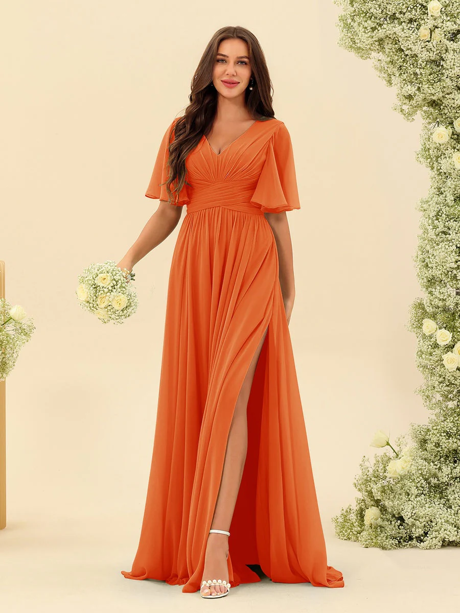 A-Line/Princess V-Neck Half Sleeves Chiffon Bridesmaid Dresses With Pockets & Split Side - Image 73