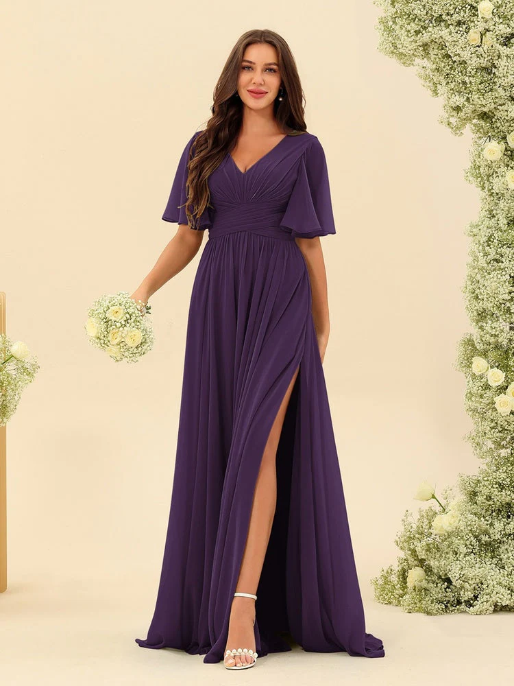 A-Line/Princess V-Neck Half Sleeves Chiffon Bridesmaid Dresses With Pockets & Split Side - Image 78