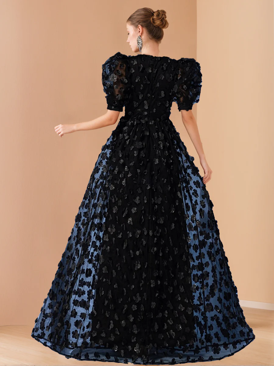 A-Line/Princess V-Neck Half Sleeves Chiffon Evening Dresses with Floral Embroidery - Image 2