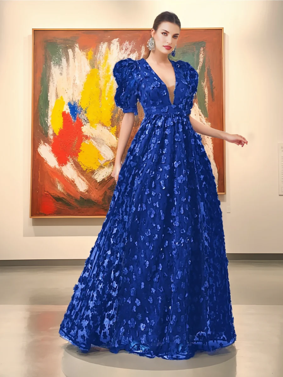 A-Line/Princess V-Neck Half Sleeves Chiffon Evening Dresses with Floral Embroidery - Image 3