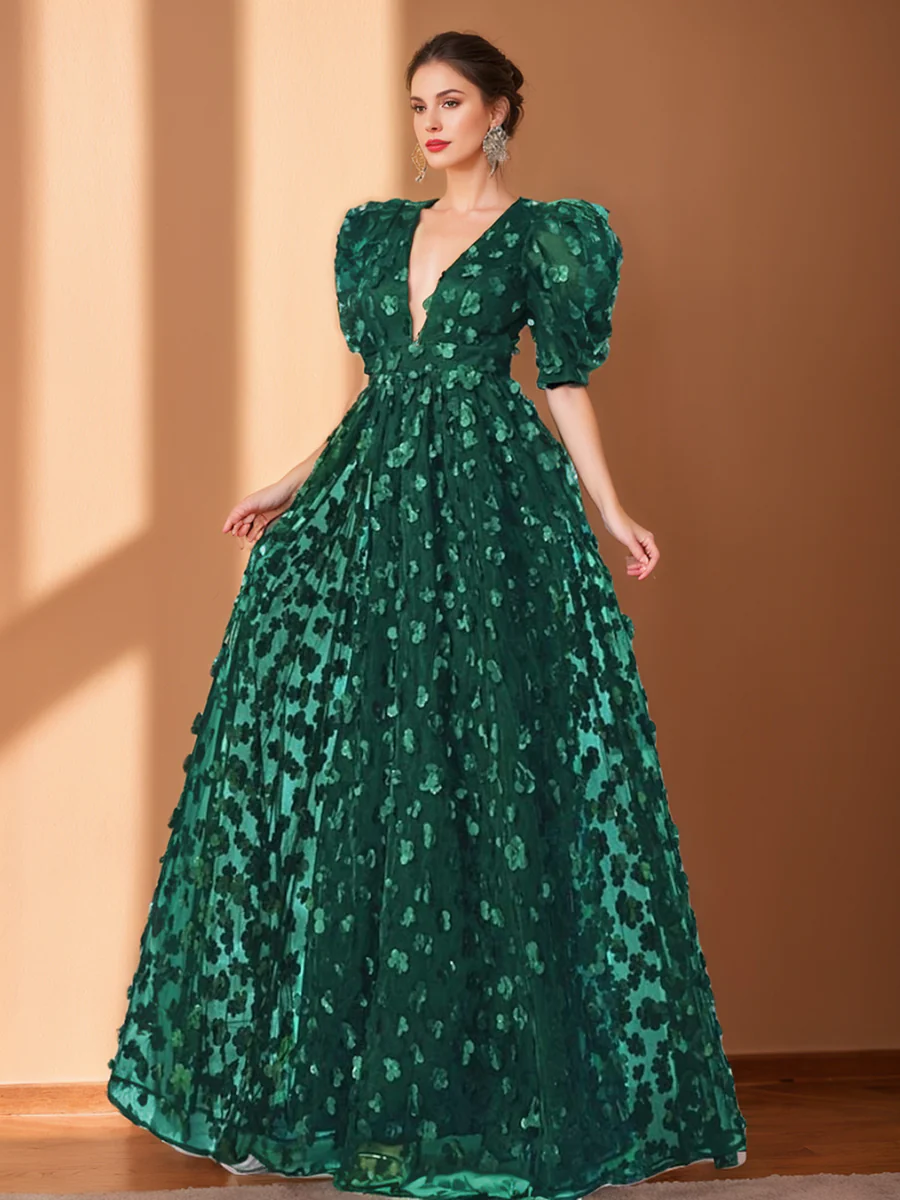 A-Line/Princess V-Neck Half Sleeves Chiffon Evening Dresses with Floral Embroidery - Image 4